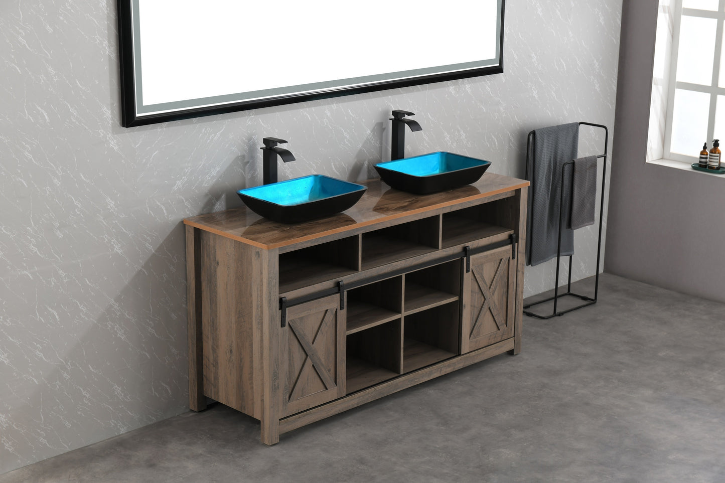 Handcrafted Turquoise Glass Vessel Bathroom Sink Set with Matte Black Faucet and Drain