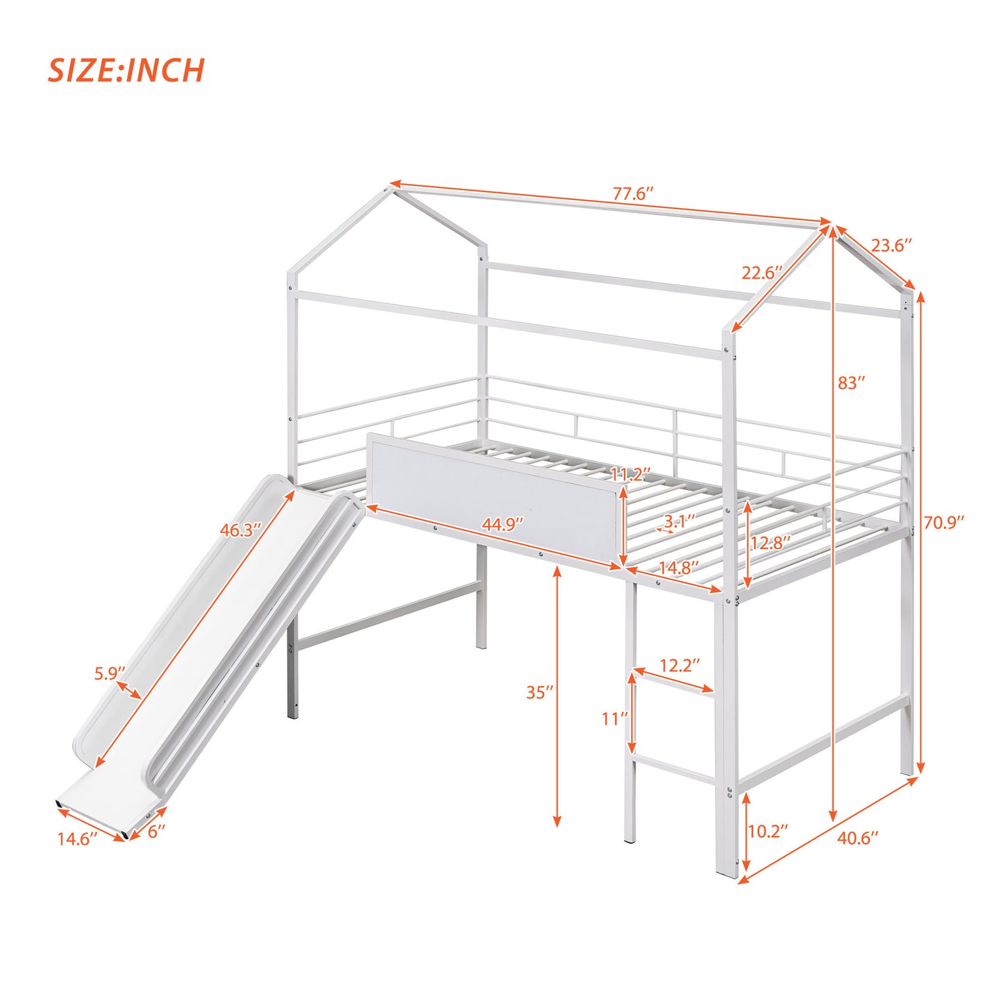 Metal House Bed With Slide, Twin Size Metal Loft Bed with Two-sided writable Wooden Board (White )