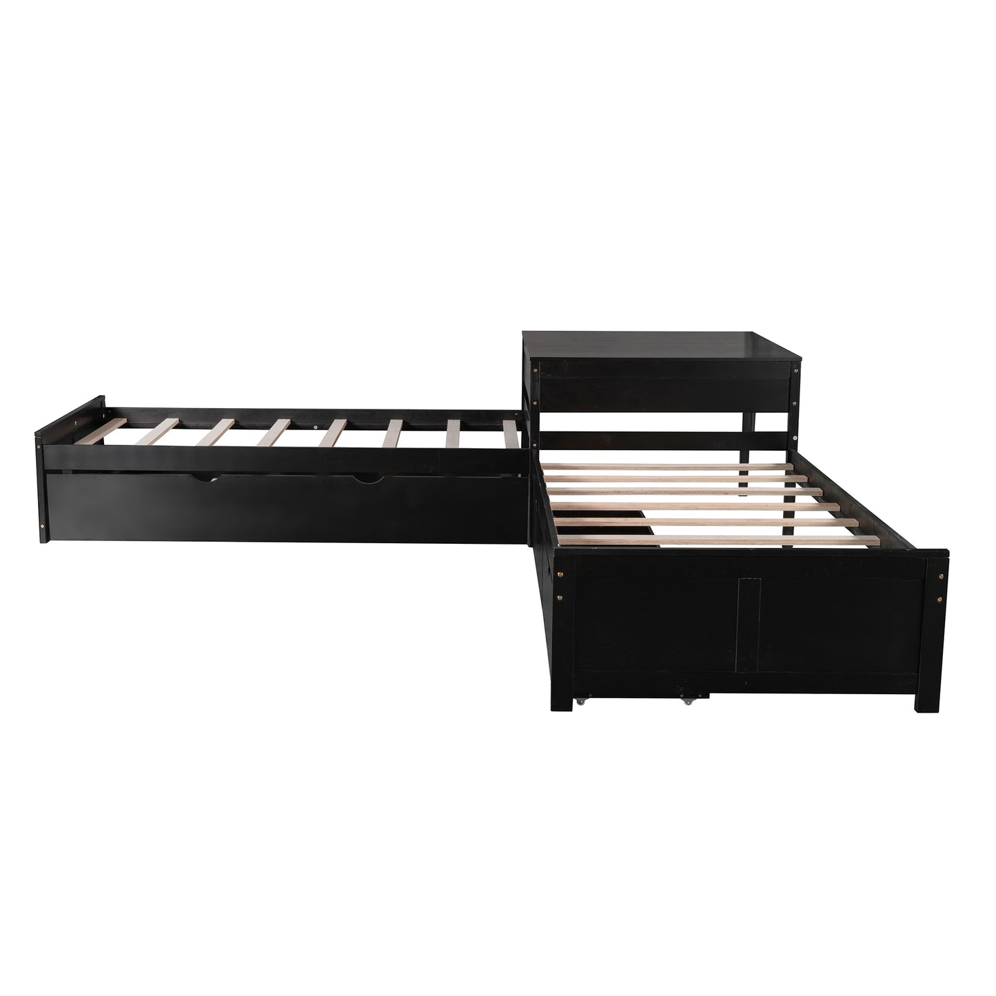 L-shaped Platform Bed with Trundle and Drawers Linked with built-in Desk,Twin,Espresso