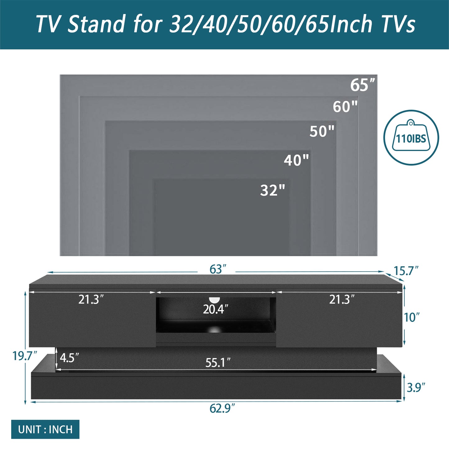 Modern 63-Inch Black TV Stand with LED Lights and Storage Options