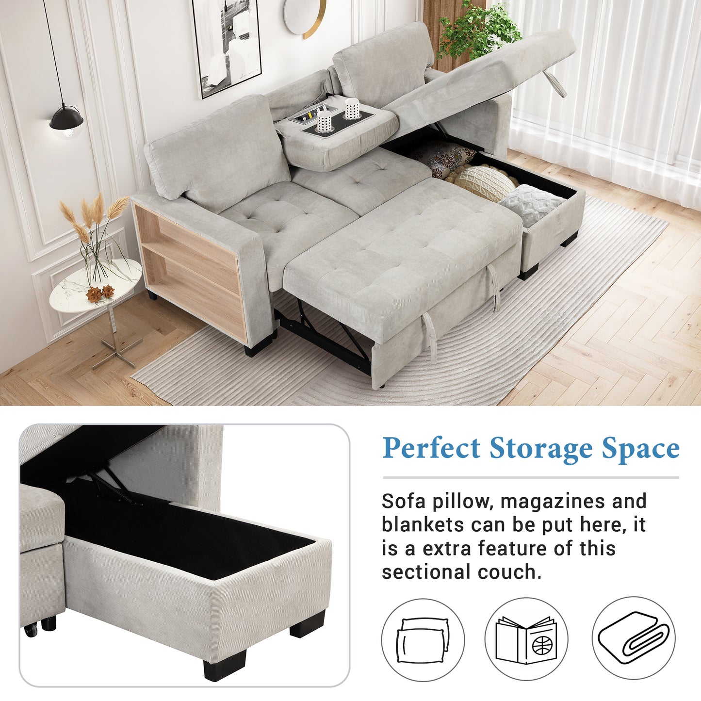 Elegant Light Gray Sectional Sofa with Versatile Storage and USB Charging