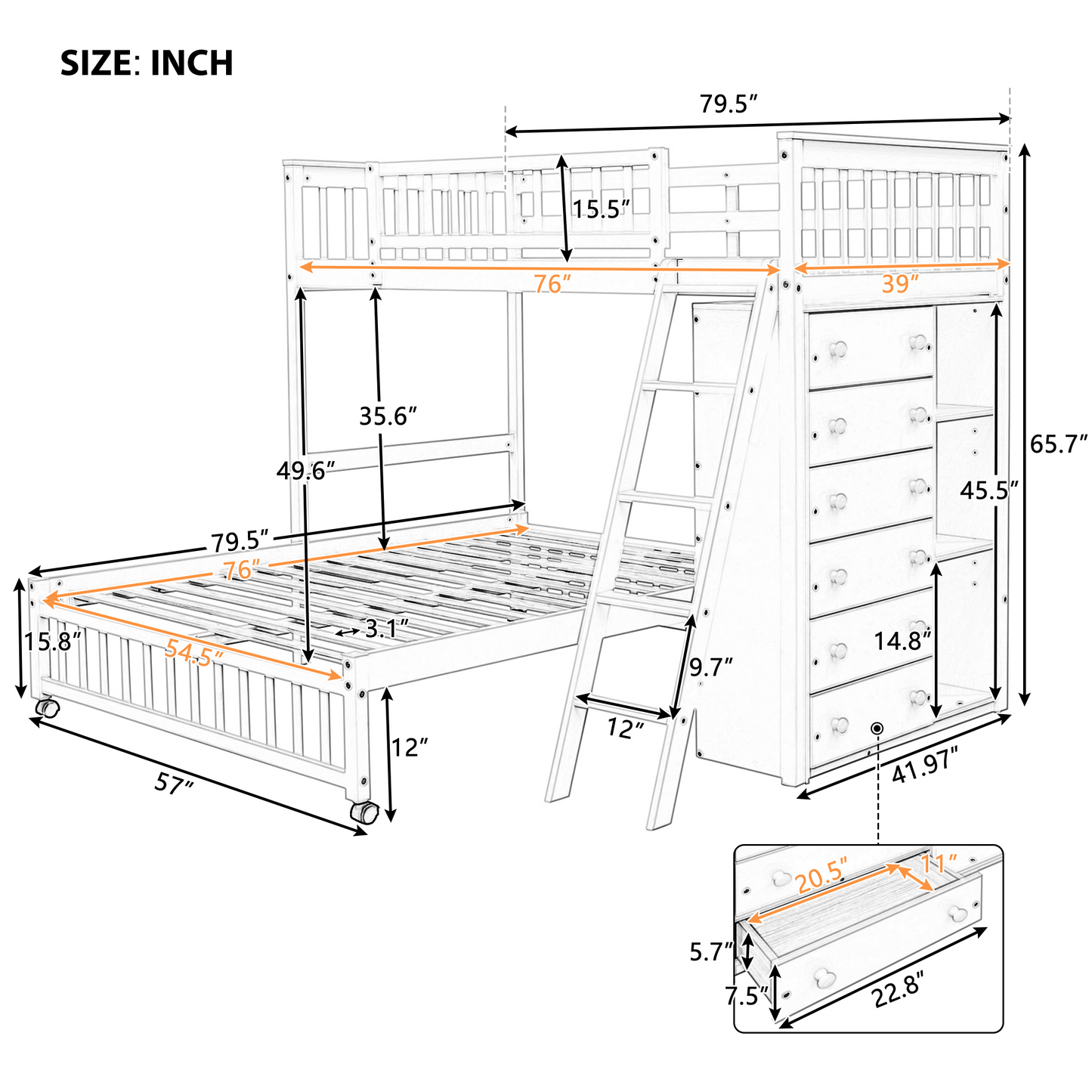 Gray Twin Over Full Bunk Bed With Storage Drawers And Wheels