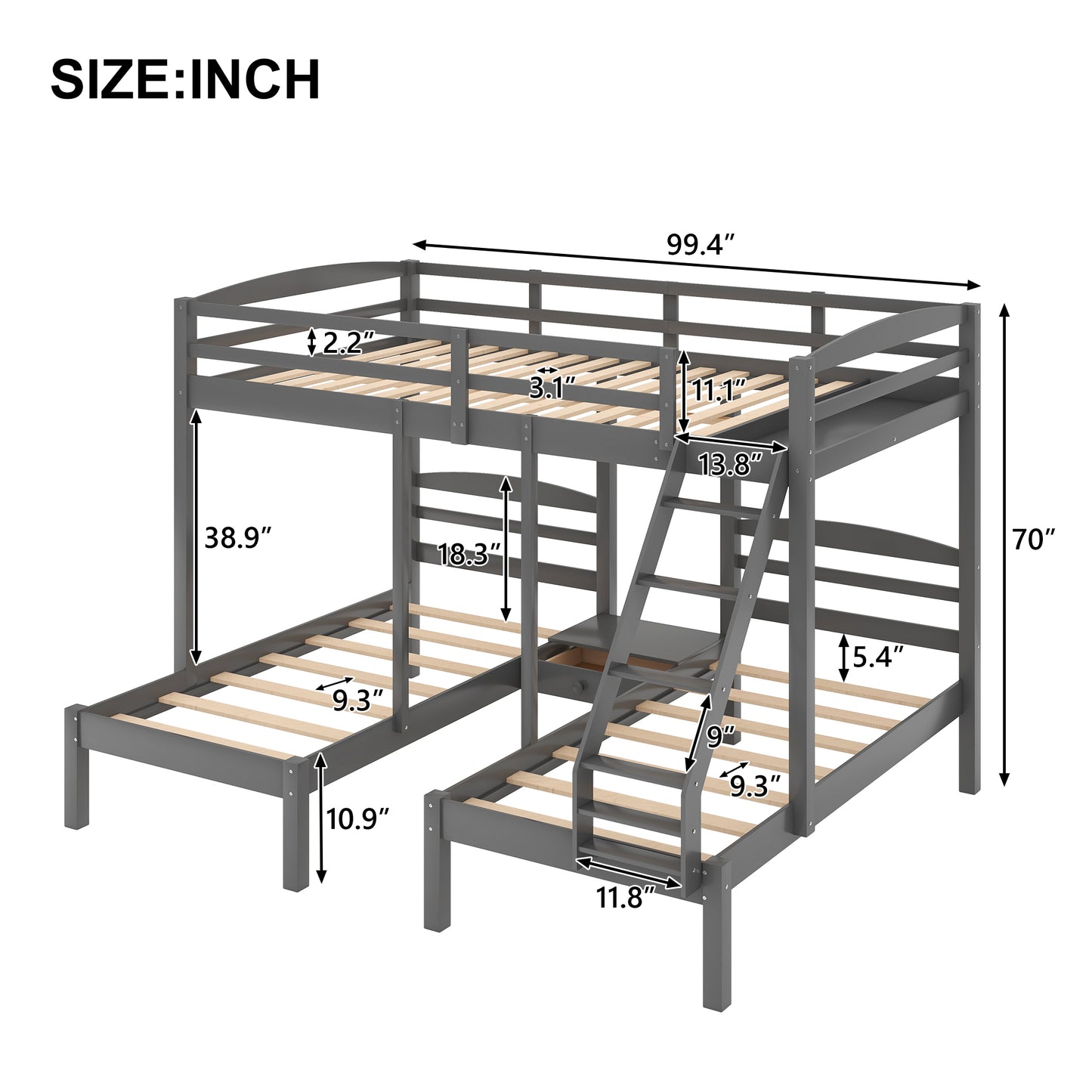 Gray Triple Bunk Bed with Full over Twin & Twin