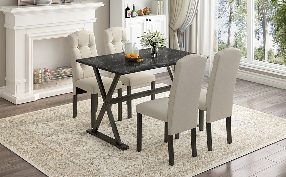 Solid Wood 5-Piece Dining Table Set with Faux Marble Tabletop and Upholstered Dining Chairs for 4, Faux Marble Black+Beige