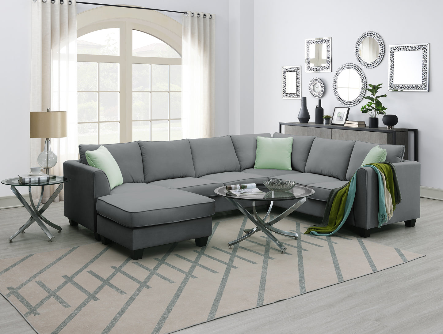 Grey L-Shaped Sectional Sofa Set with Ottoman and Pillows for Living Room