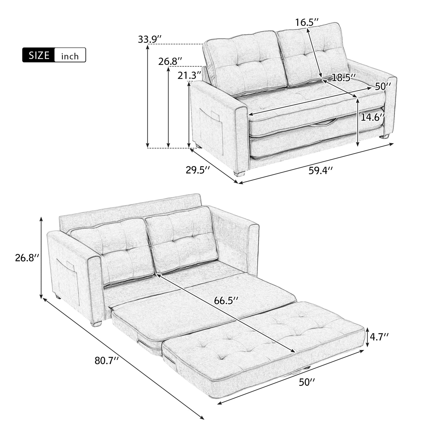 Multifunctional Grey Loveseat Sofa with Pull-Out Bed and Storage Pockets - Modern Upholstered Couch for Living Room and Office