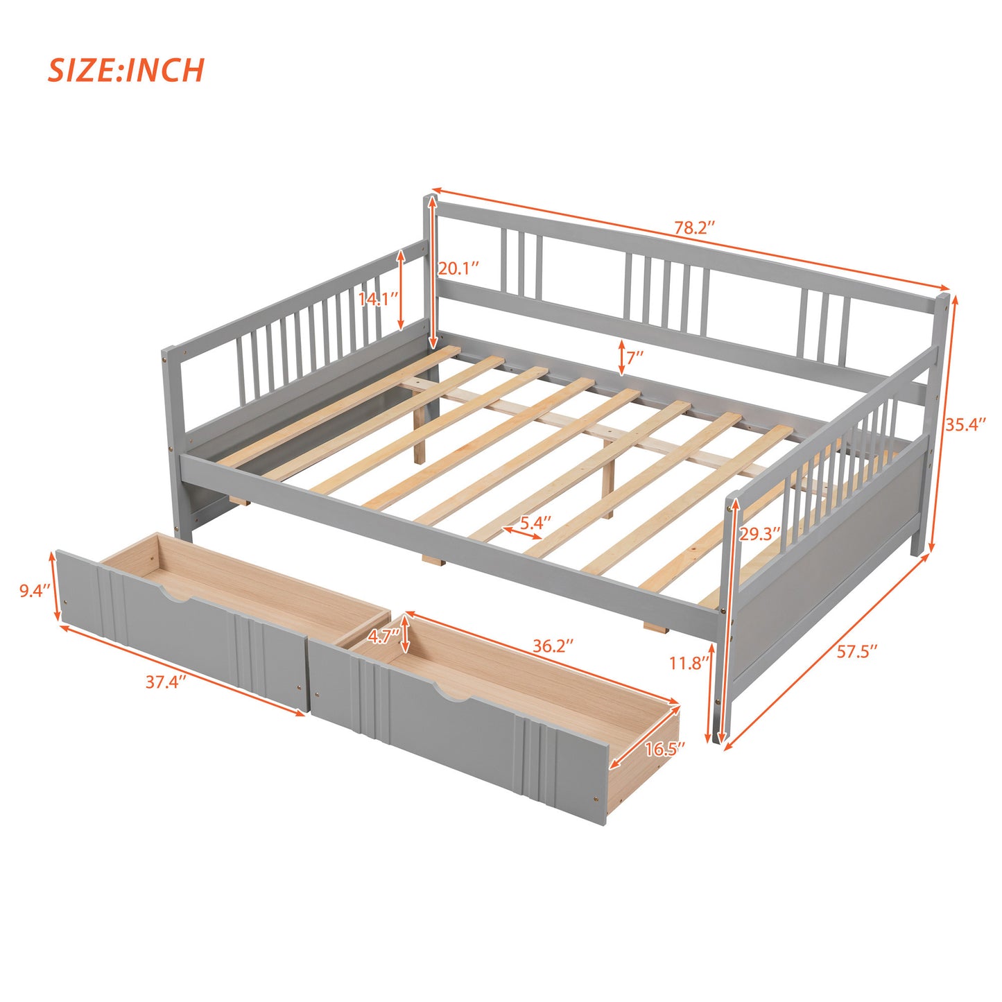 Full Size Daybed Wood Bed with Two Drawers,Gray