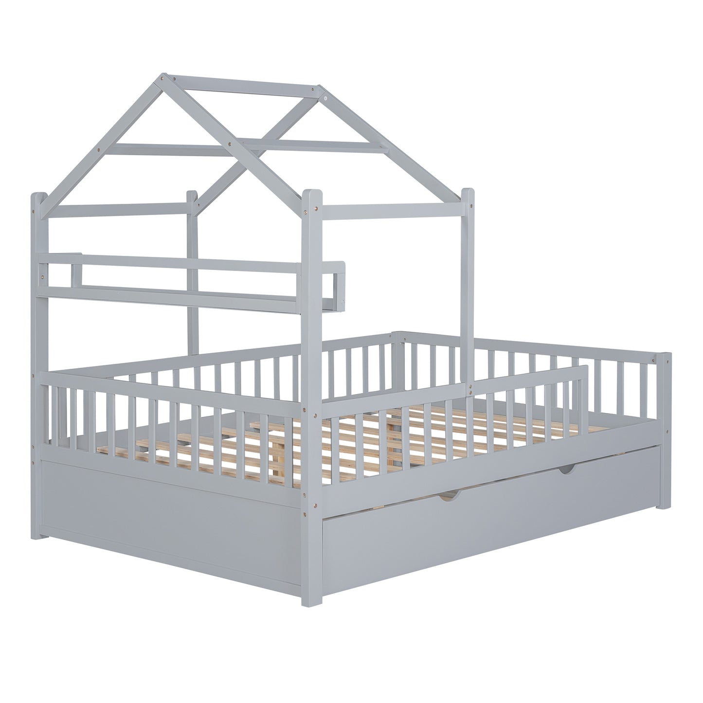 Wooden Full Size House Bed with Trundle,Kids Bed with Shelf,Grey