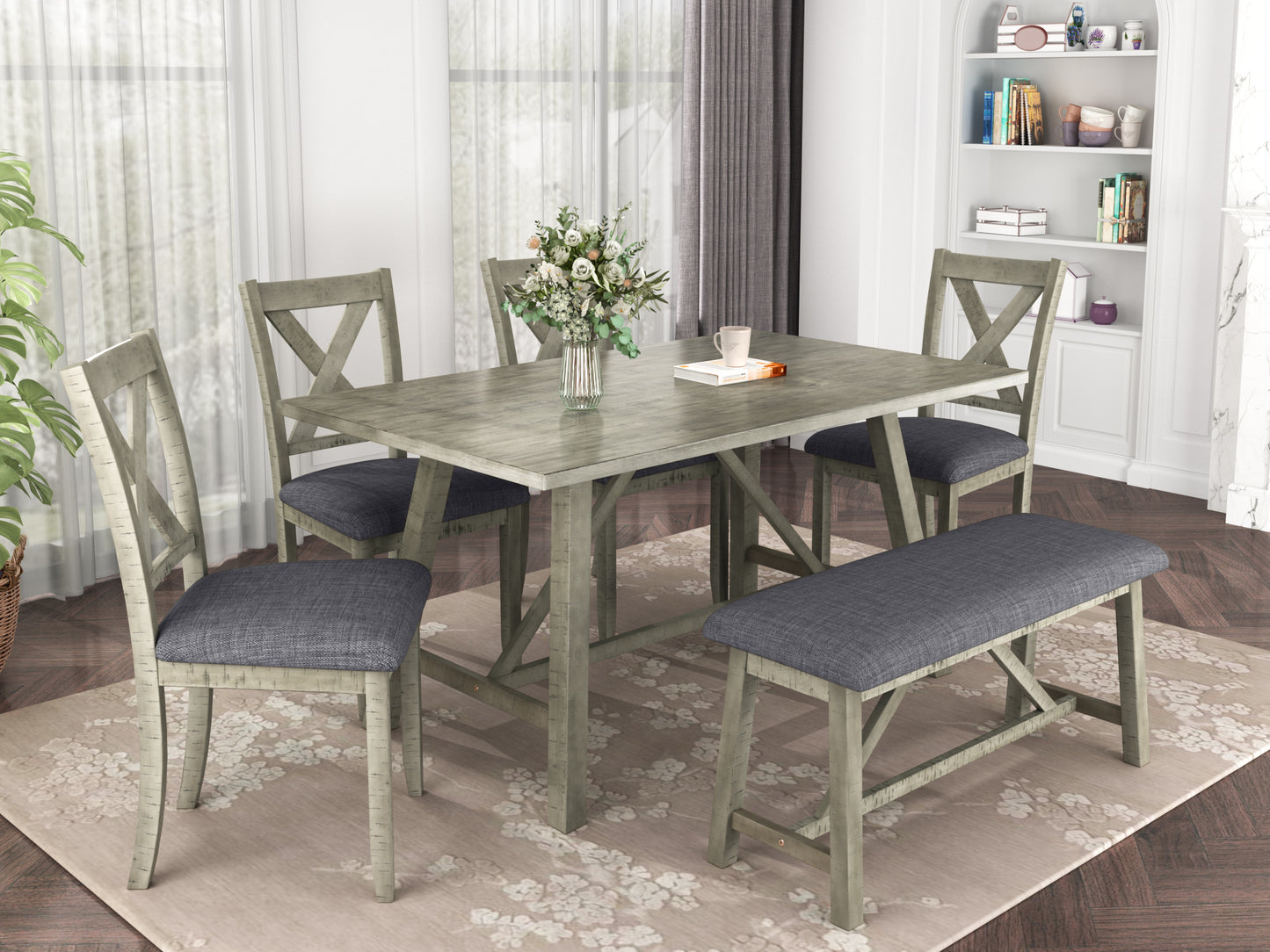 6 Piece Dining Table Set Wood Dining Table and chair Kitchen Table Set with Table, Bench and 4 Chairs, Rustic Style, Gray(No Difference with SH000109AAE)