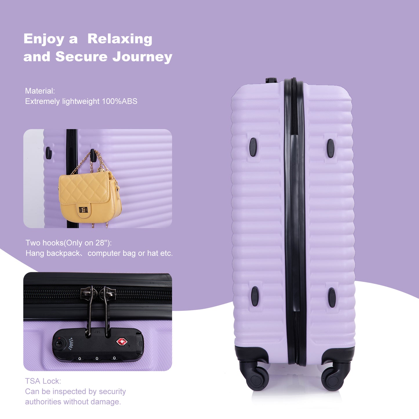 3 Piece Luggage Sets ABS Lightweight Suitcase with Two Hooks, Spinner Wheels, TSA Lock, (20/24/28) Lavender Purple