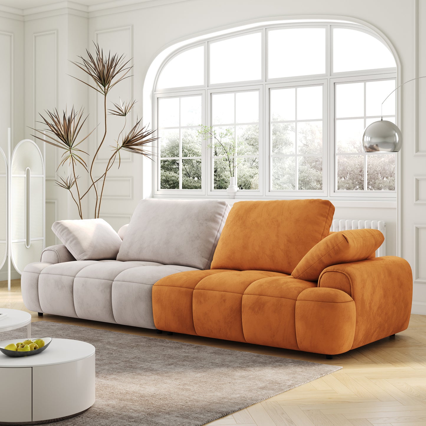 86.6″ Modern Beige and Yellow Upholstered Sofa with Two-Seat Capacity