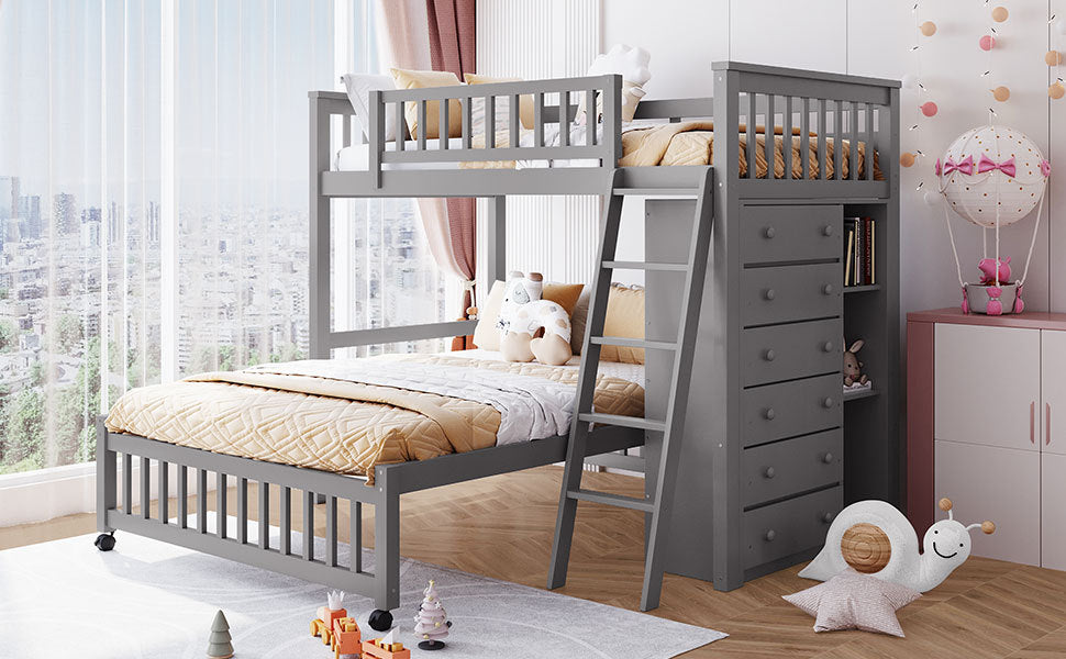 Gray Twin Over Full Bunk Bed With Storage Drawers And Wheels