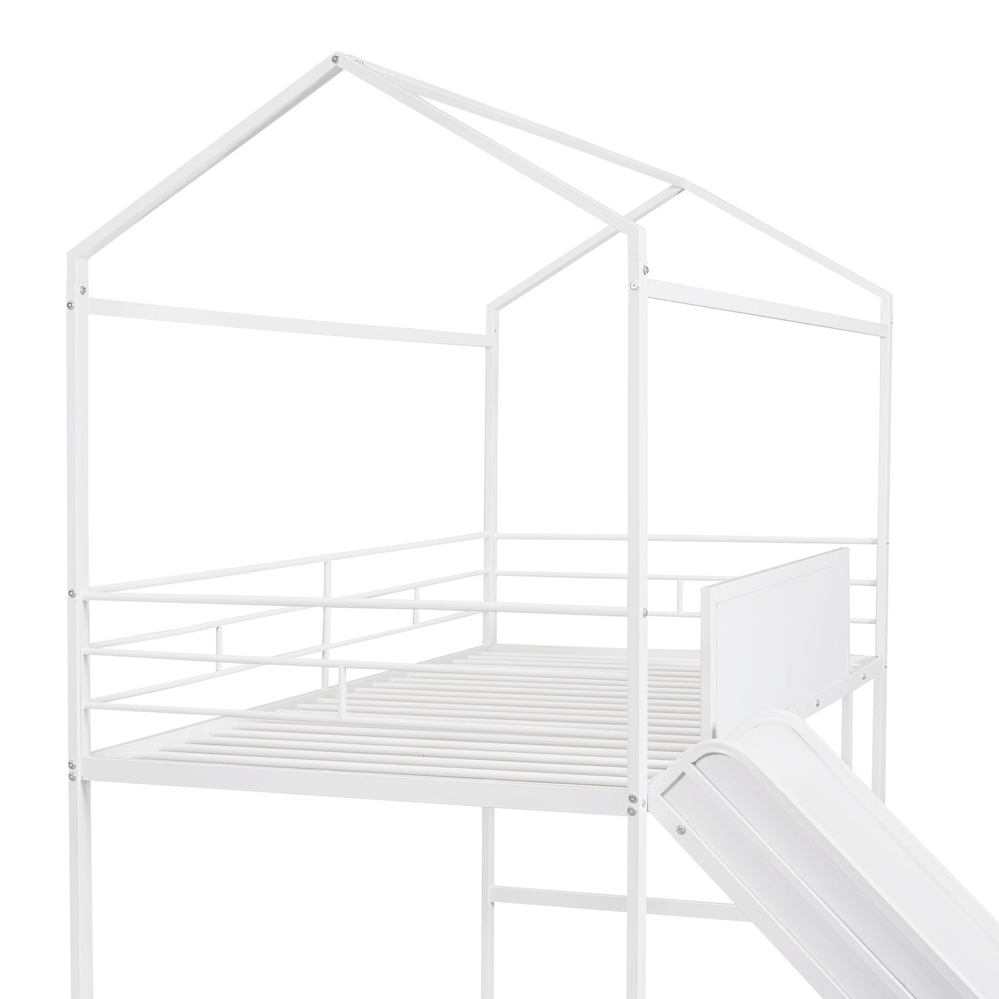 Metal House Bed With Slide, Twin Size Metal Loft Bed with Two-sided writable Wooden Board (White )