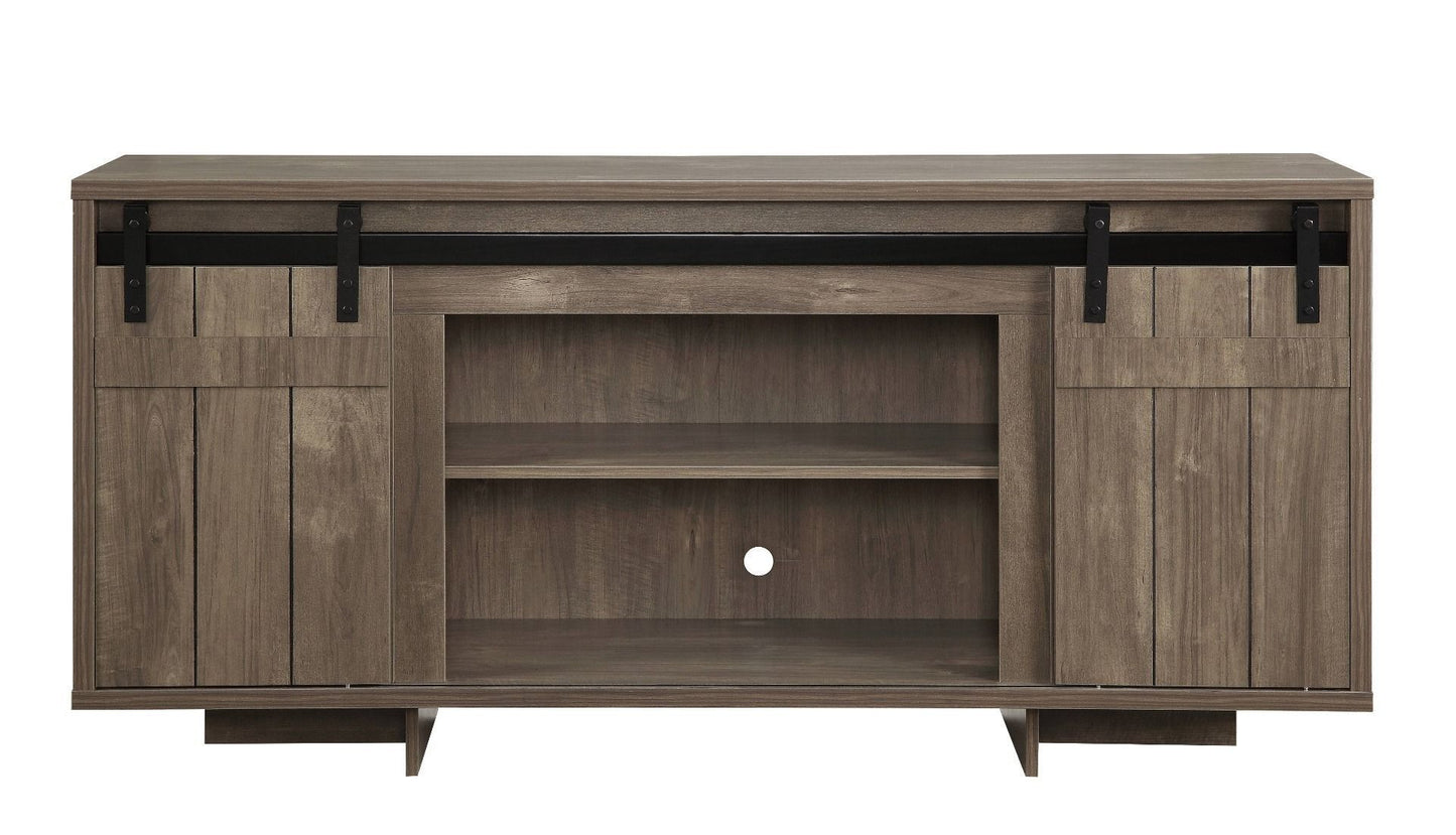 Bellarosa Gray Washed TV Stand with Sliding Barn Doors and Storage Compartments