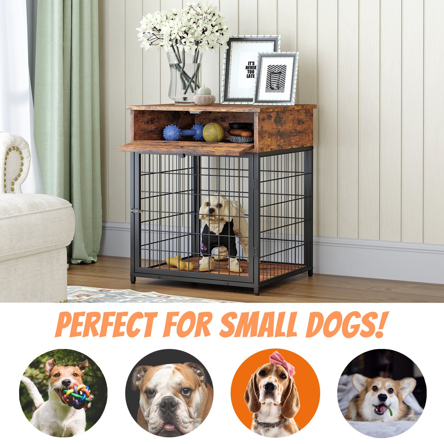 Furniture Style Wood Dog Crate End Table with Storage Console. Rustic Brown,19.69'' W x 22.83'' D x 26.97'' H.