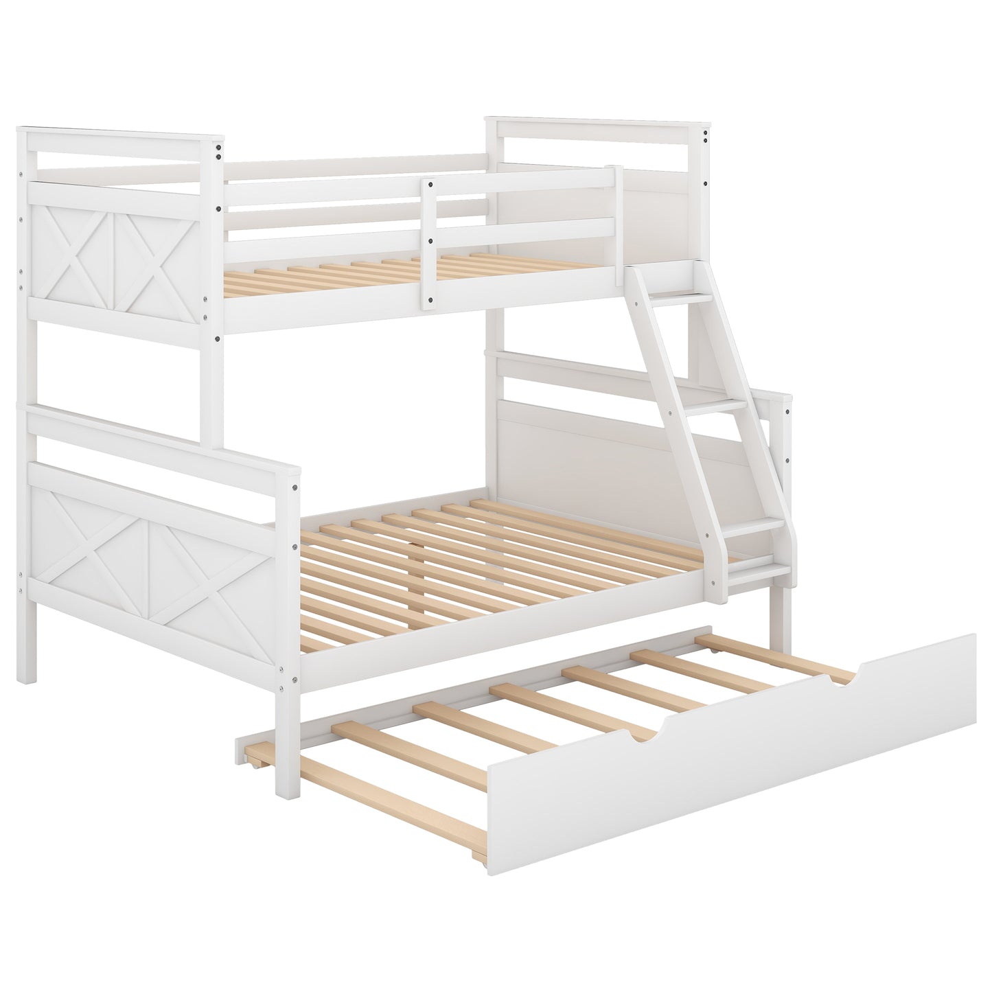 White Twin over Full Bunk Bed Set with Trundle, Guardrail, and Ladder