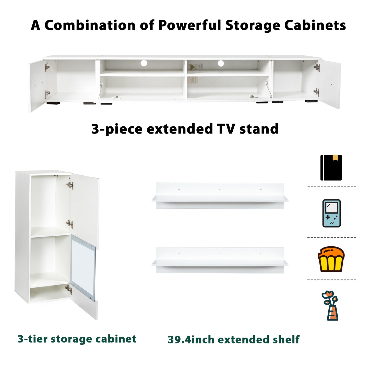 Elegant White Floating TV Stand Set with LED Lights - Versatile Minimalist Entertainment Center for Large TVs