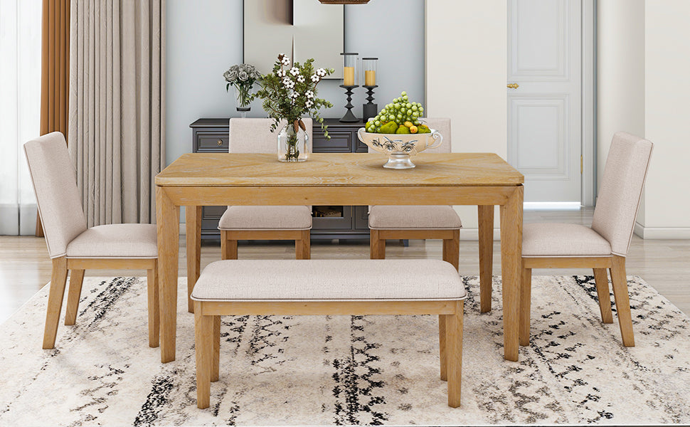 6-Piece Dining Table Set with Upholstered Dining Chairs and Bench,Farmhouse Style, Tapered Legs, Natural+Beige