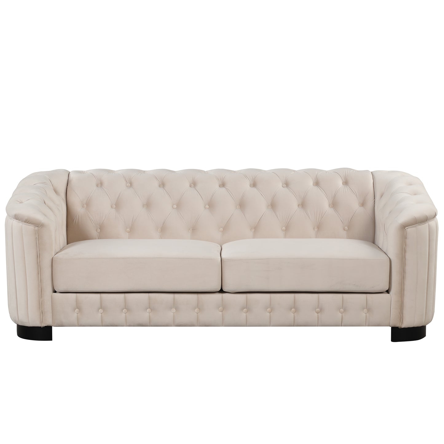 82-Inch Beige Velvet Upholstered Mid Century Modern 3-Seater Sofa with Rubber Wood Legs