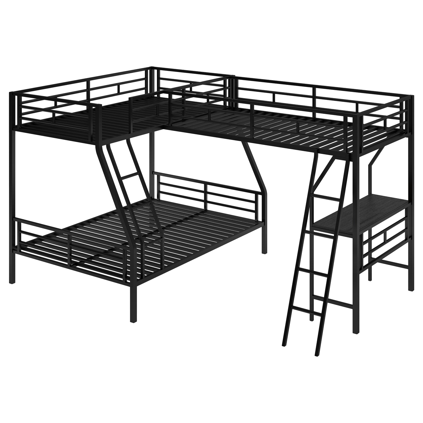 Innovative Space-Saving Twin over Full Bunk Bed with Loft Bed, Desk & Metal Frame, Black