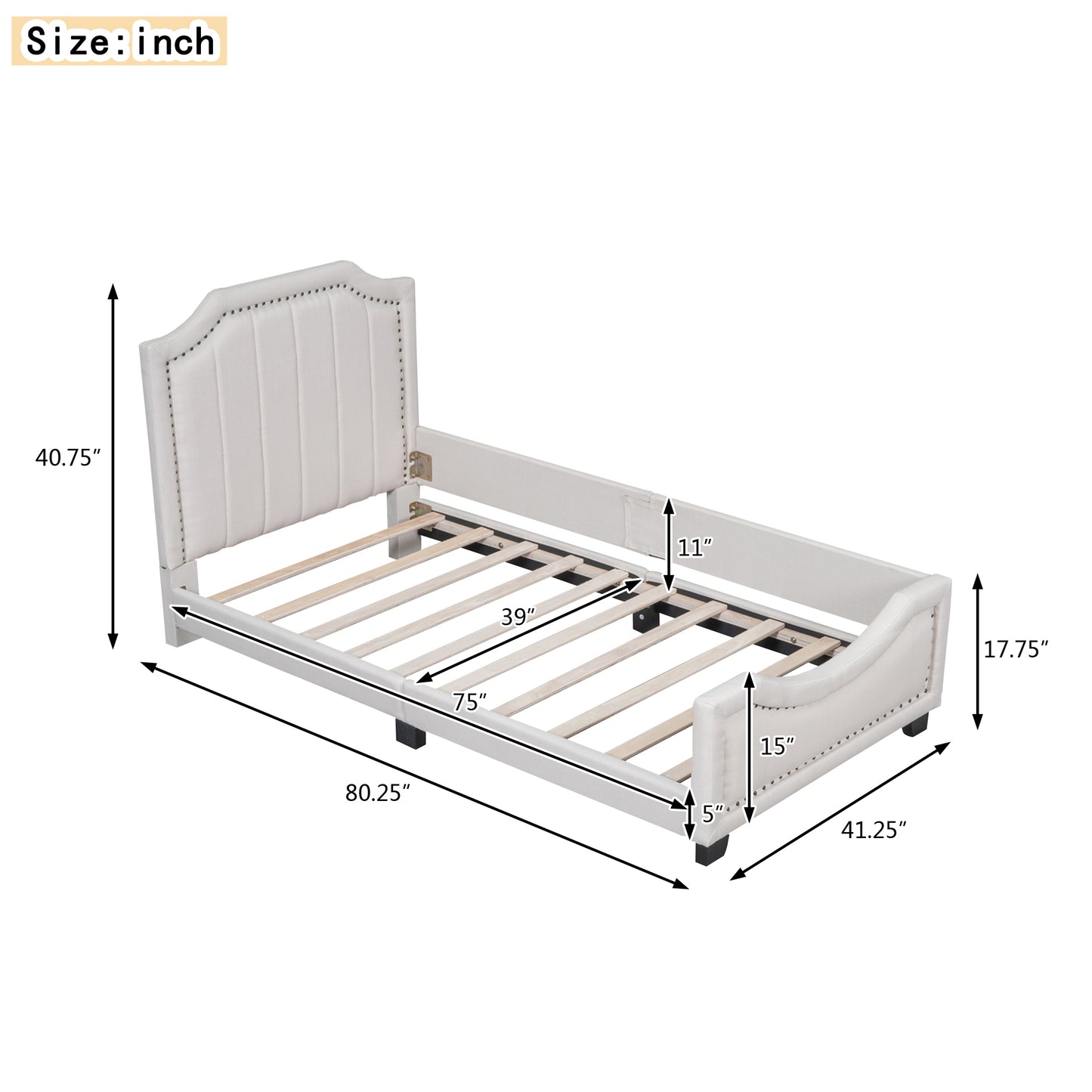 Twin Size Upholstered Platform Bed with Nailhead Trim Decoration and Guardrail, Beige