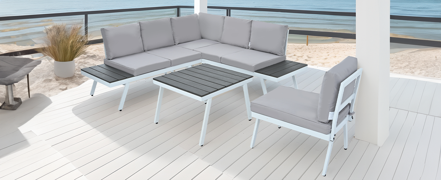 Aluminum Outdoor Patio Furniture Set with End Tables and Coffee Table, White and Grey Sectional Sofa Set