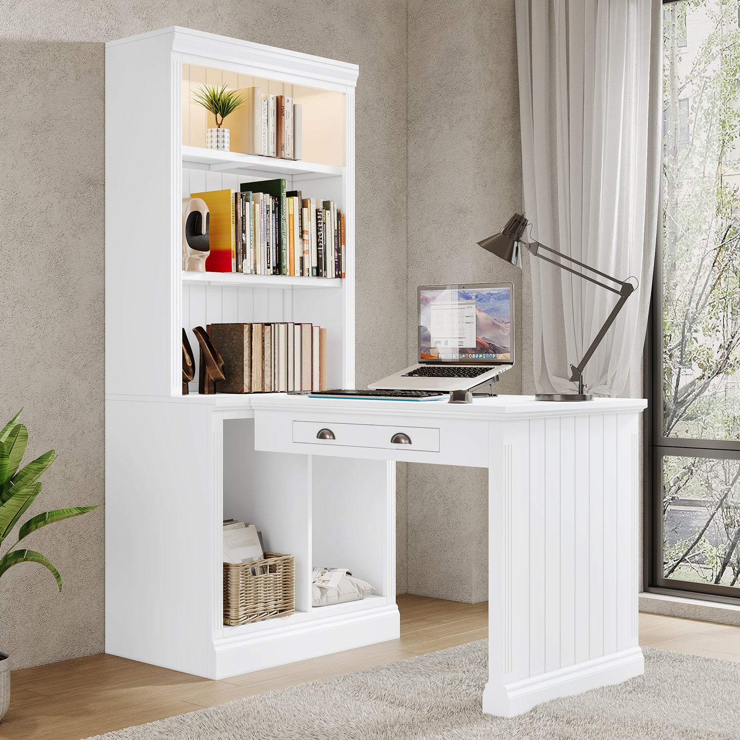 83.4 Tall 2-Piece White Bookshelf & Writing Desk Set with LED Lighting, Storage Drawers, and Doors