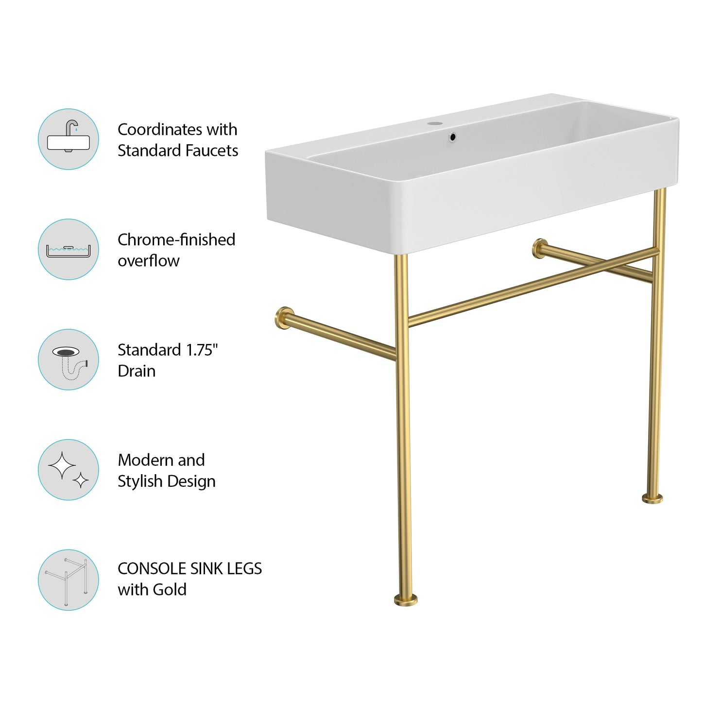 35" Bathroom Console Sink with Overflow,Ceramic Console Sink White Basin Gold Legs