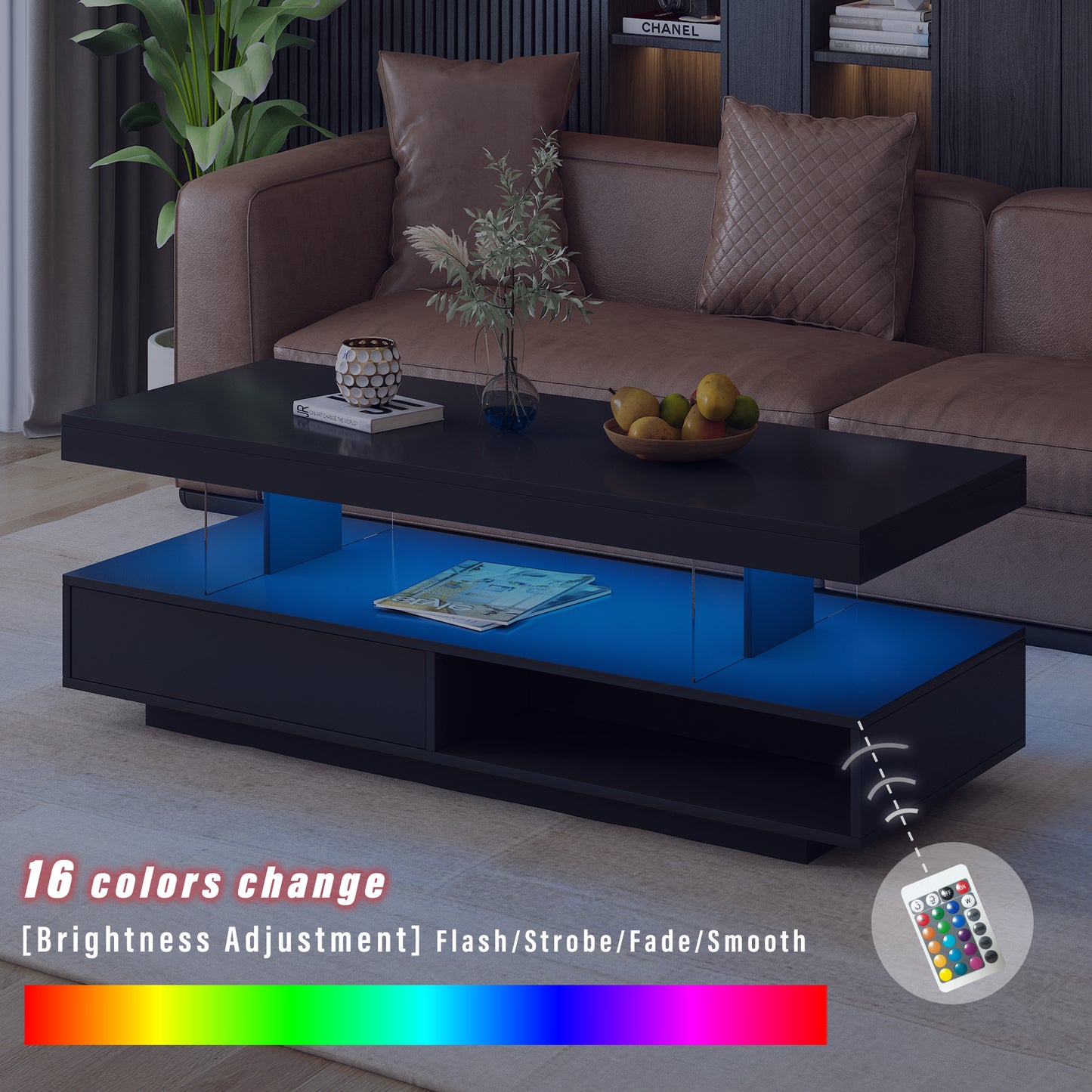 Modern Black LED Coffee Table with Storage and Display Shelves