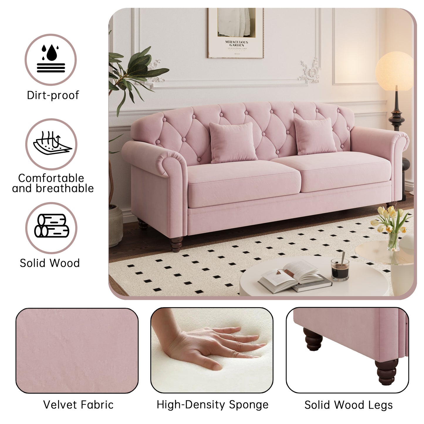 Roll-up arm double armrest backrest with buttons 81.9" pink velvet living room apartment studio sofa