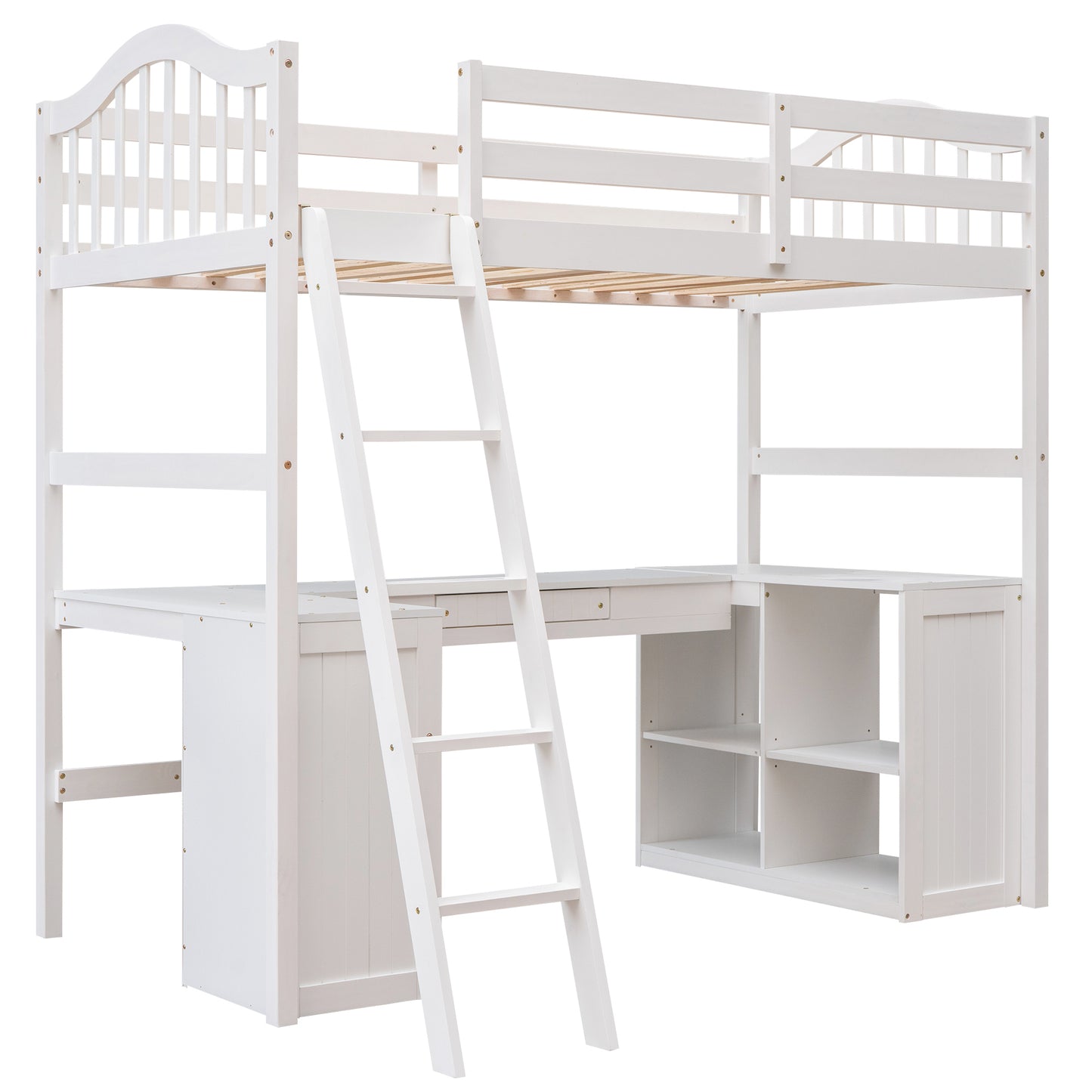 Twin size Loft Bed with Drawers, Cabinet, Shelves and Desk, Wooden Loft Bed with Desk - White( :LT000505AAK)