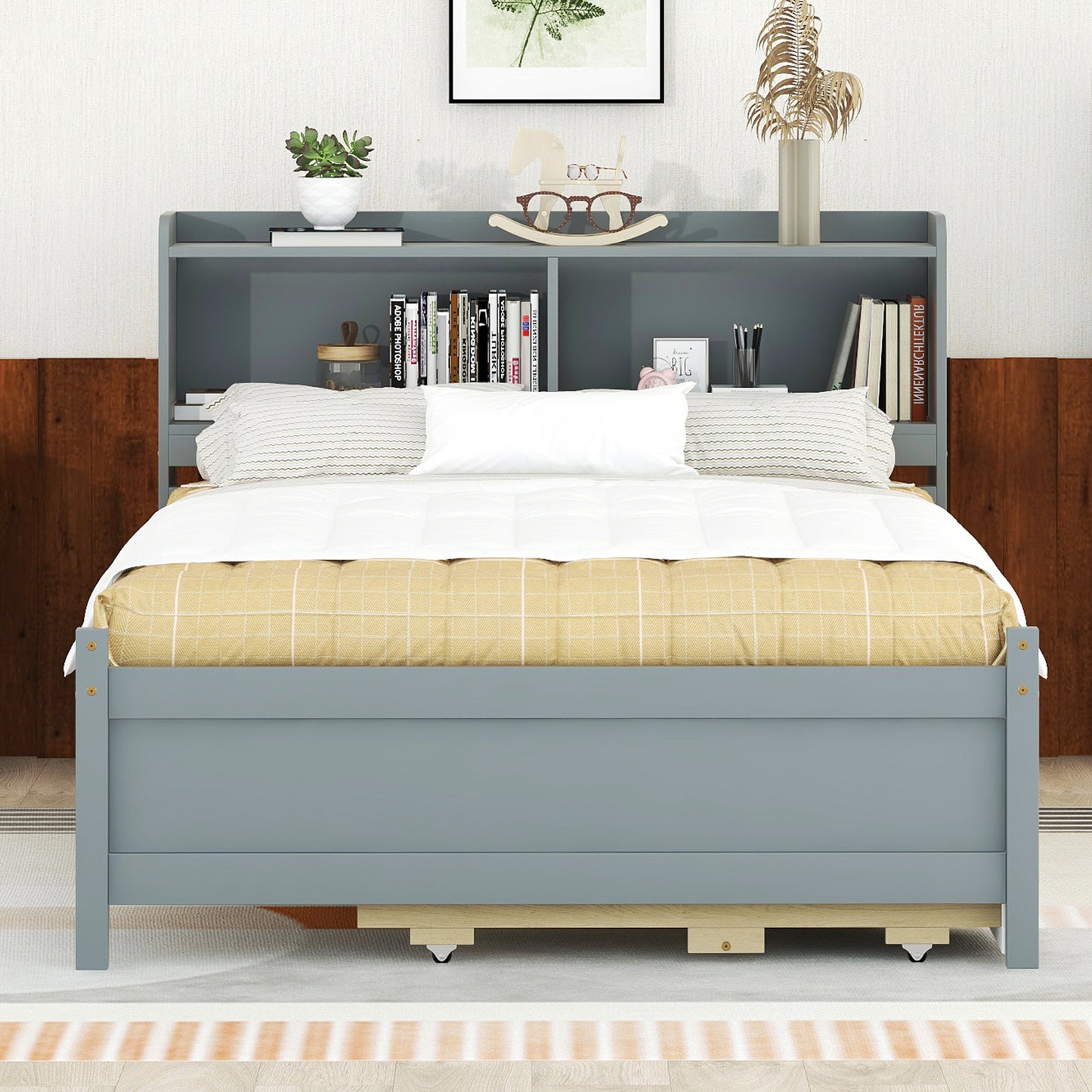 Full Size Bed with USB & Type-C Ports, LED light, Bookcase Headboard, Trundle and 3 Storage Drawers , Full Size Size Bed with  Bookcase Headboard, Trundle and Storage drawers ,Grey