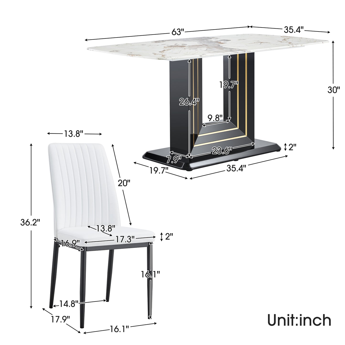 7-Piece Faux Marble Dining Table Set, Glass Rectangular Kitchen Table for 6-8, Modern White Faux Marble Dining Room Table with MDF Base, Dining Table & 6 Chairs