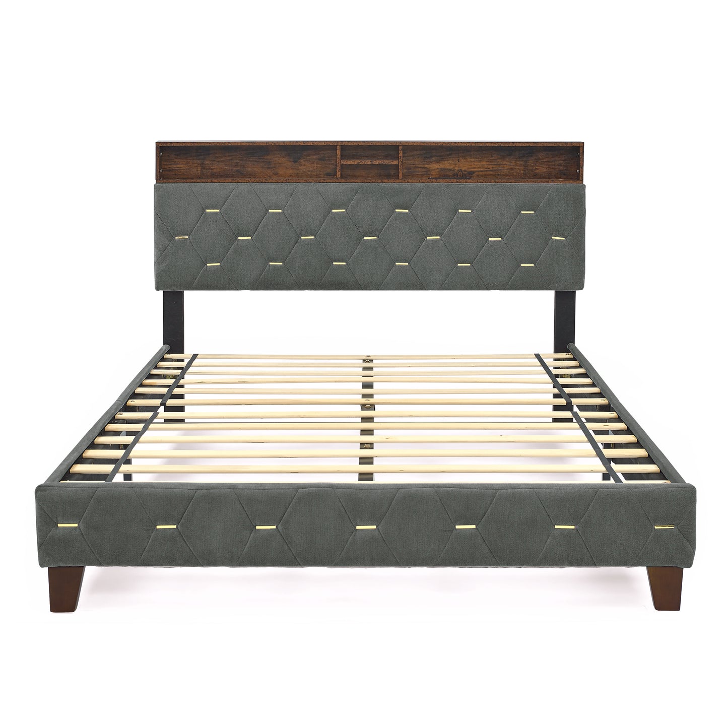 Queen Size Bed Frame, Shelf Upholstered Headboard, Platform Bed with Outlet & USB Ports, Wood Legs, No Box Spring Needed, Easy Assembly, Grey