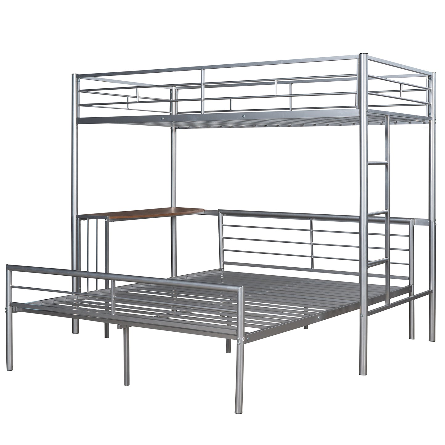 Silver Metal Twin Over Full Loft Bed with Integrated Desk and Ladder