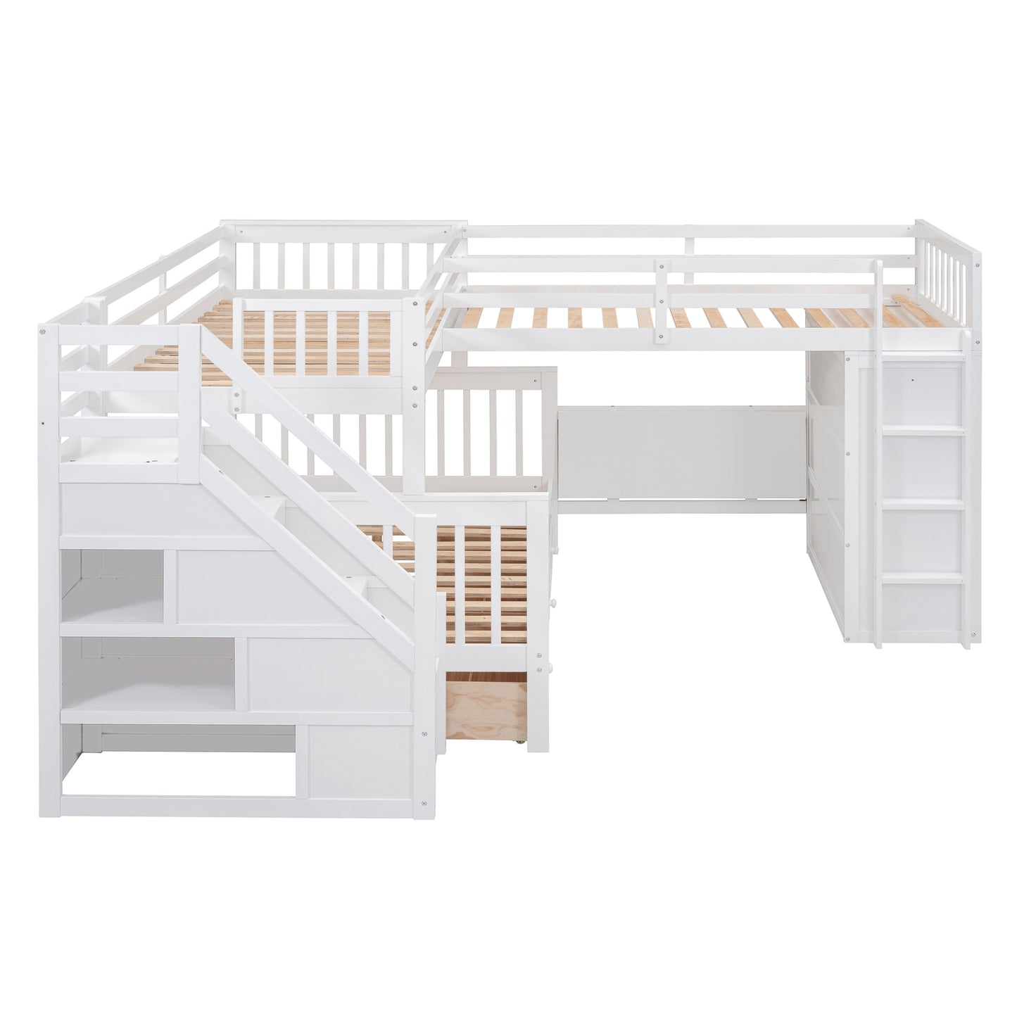 L-Shaped Bunk Bed Set with Desks, Wardrobe, Drawers, White - Space-Saving Sleepover Solution