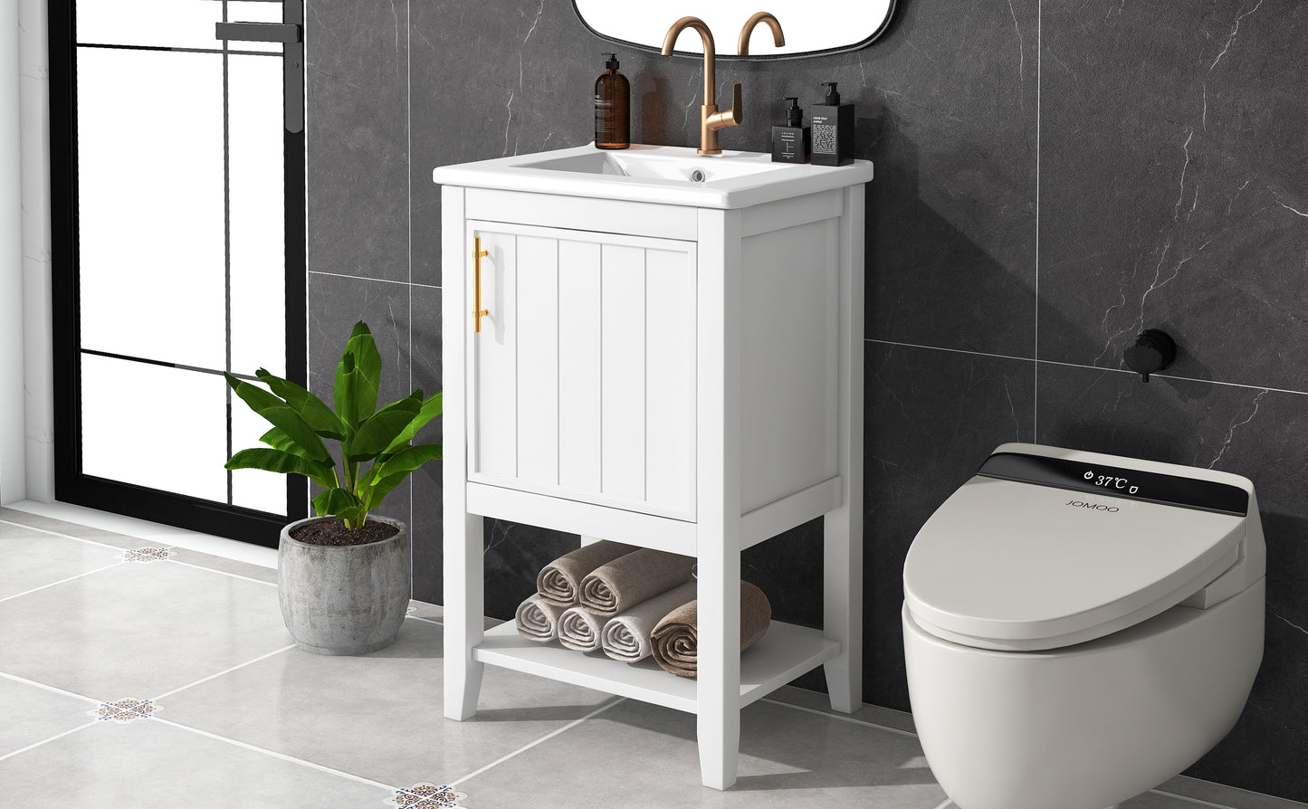 20" Bathroom Vanity with Sink, Bathroom Cabinet with Soft Closing Door, Storage Rack and Open Shelf, White