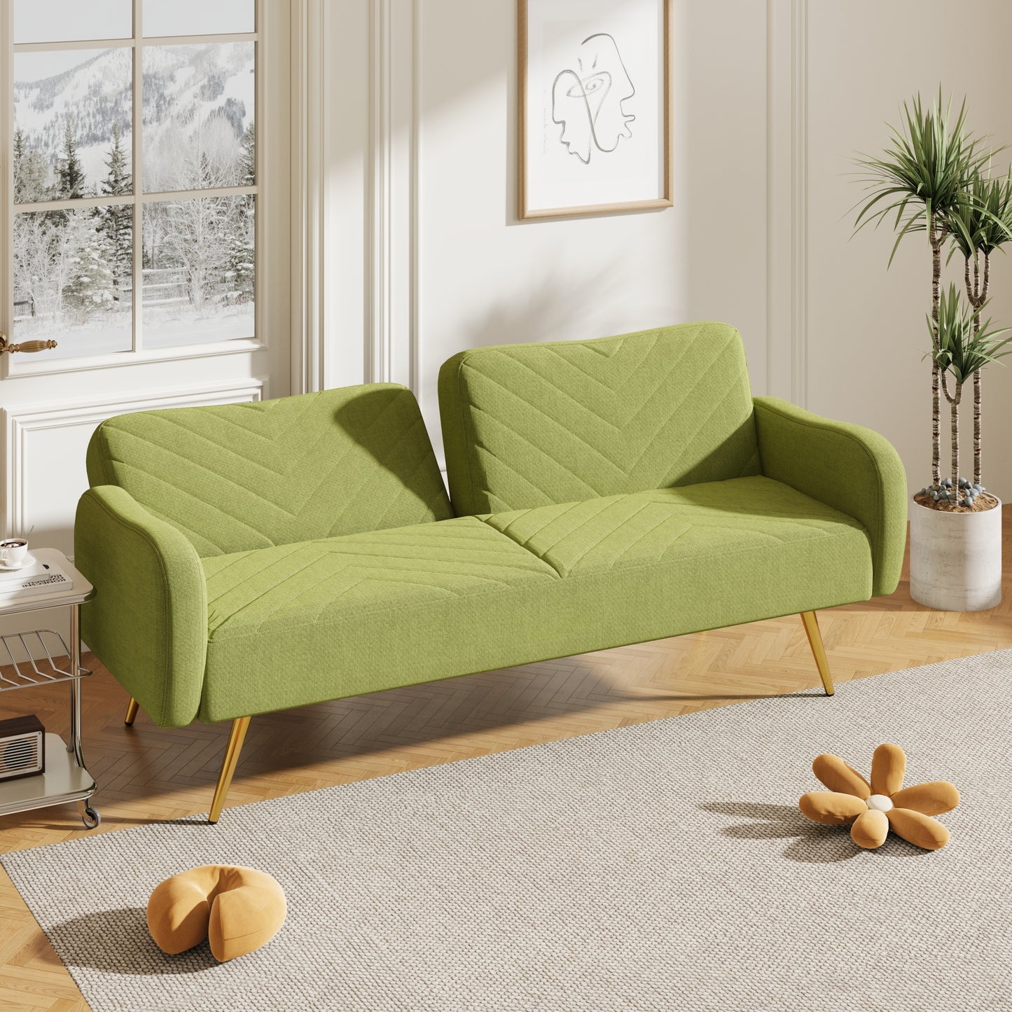 70.47 Green Fabric Double Sofa with Adjustable Split Backrest and Two Throw Pillows