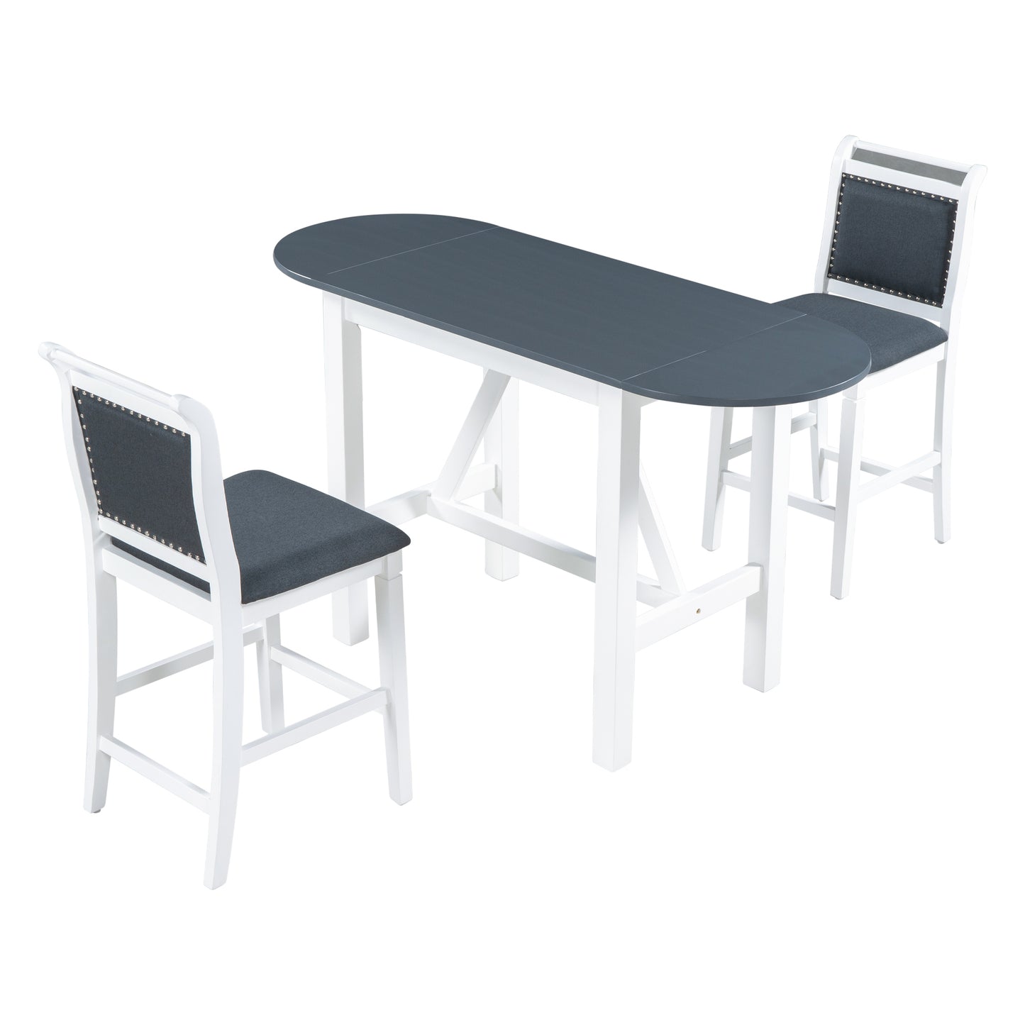 3-Piece Wood Counter Height Drop Leaf  Dining Table Set with 2 Upholstered Dining Chairs for Small Place, White+Gray