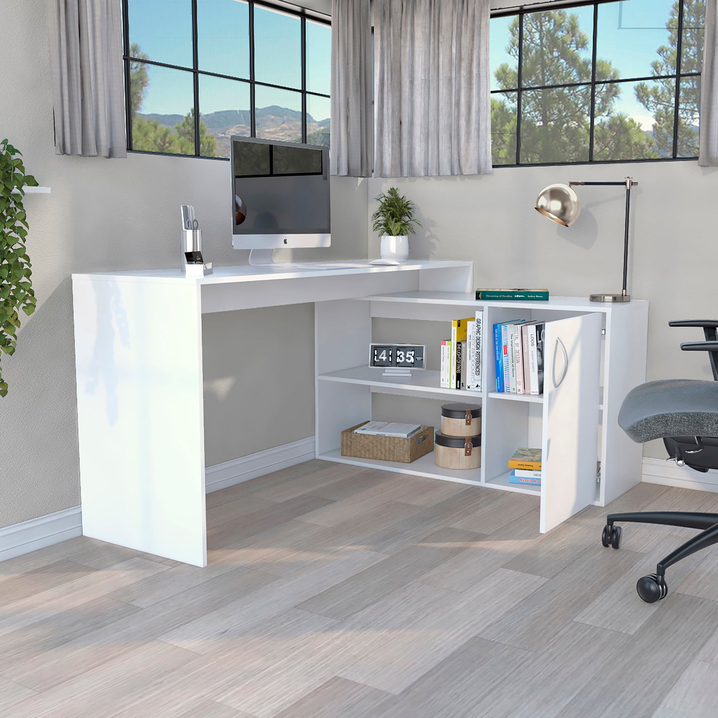 White Office Desk with Shelves and Cabinet