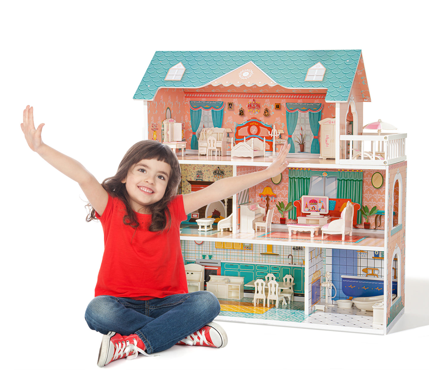 Colorful Modern Wooden Dollhouse with 28 Accessories for Kids 3+