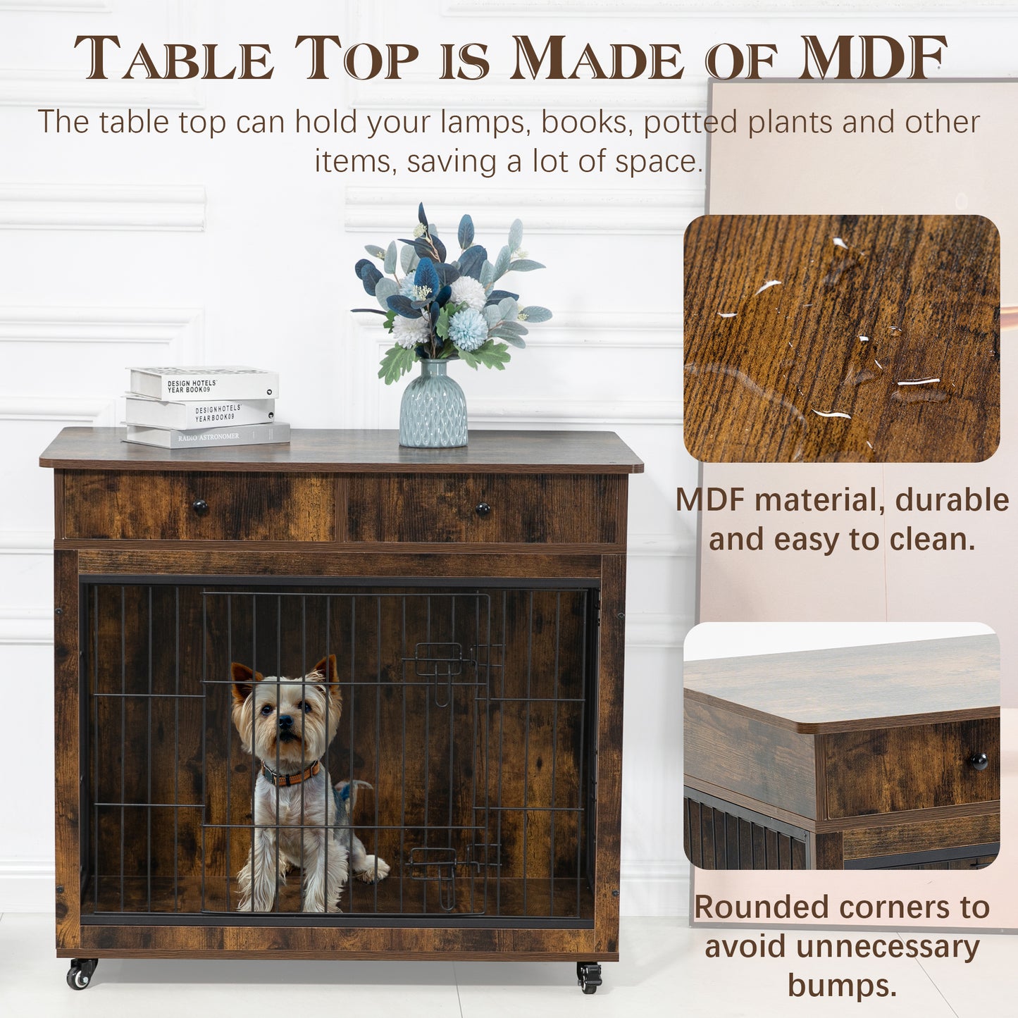 Dog Crate Furniture, Wooden Dog House, Decorative Dog Kennel with Drawer, Indoor Pet Crate End Table for Small Dog, Steel-Tube Dog Cage, Chew-Proof, Rustic Brown 31.7" L×23.2" W×33" H