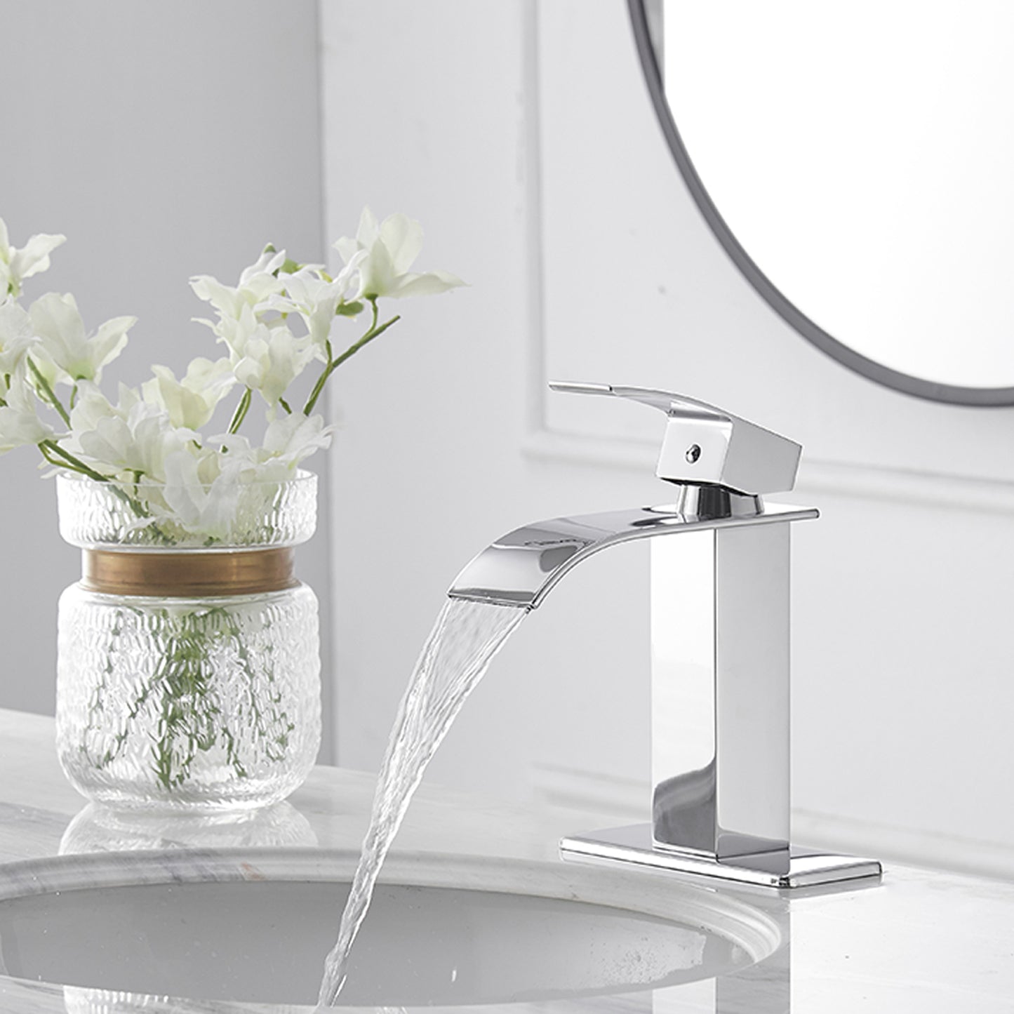 Chrome Waterfall Bathroom Faucet with Single-Handle Low-Arc Design