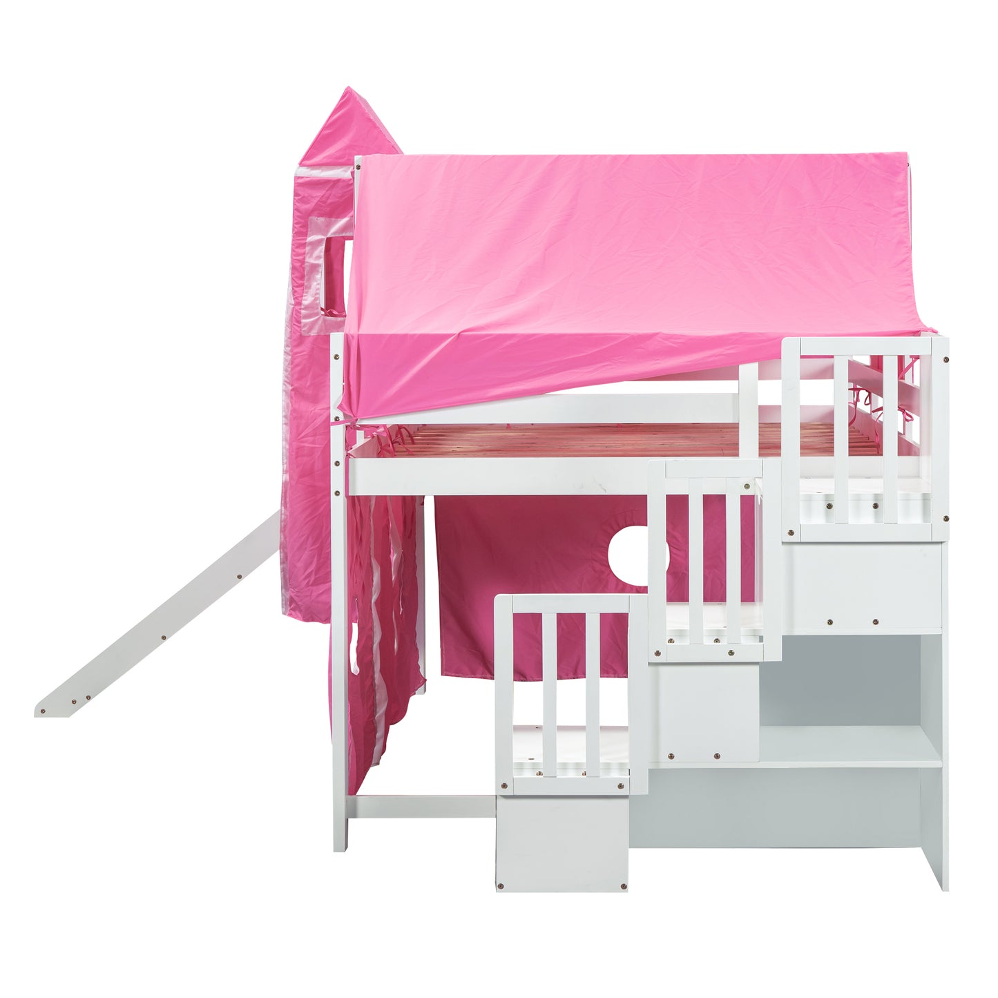 Full Size Loft Bed with Tent and Tower - Pink