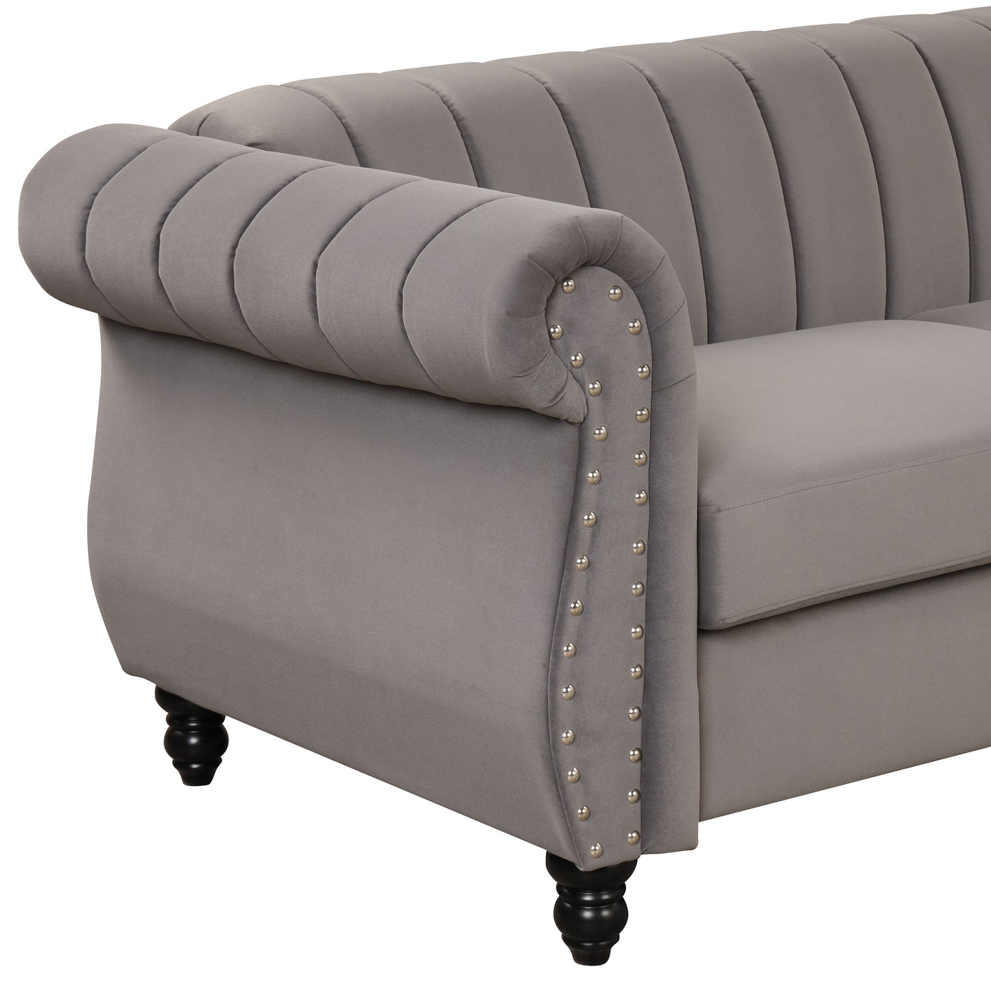 Contemporary Gray Upholstered Sofa with Buttoned Tufted Backrest and Solid Wood Legs