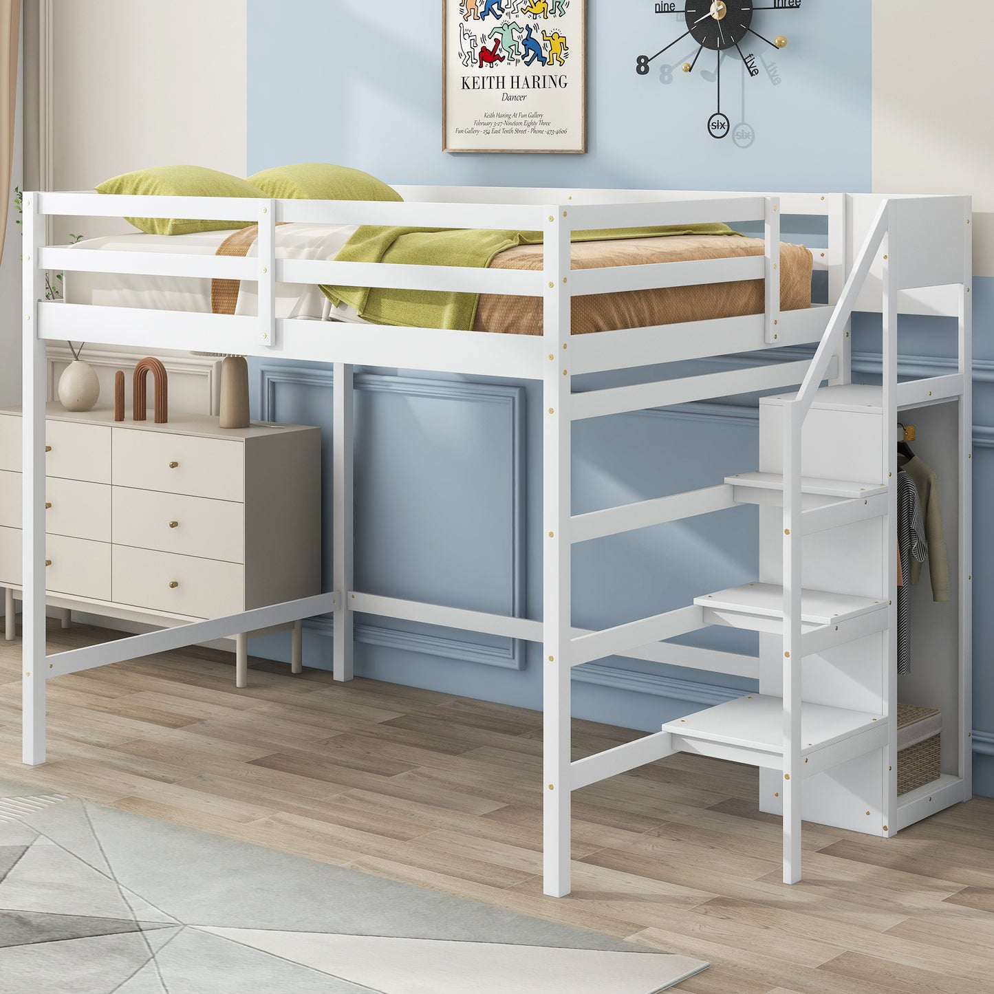 Full Size Loft Bed with Built-in Storage Wardrobe and Staircase, White