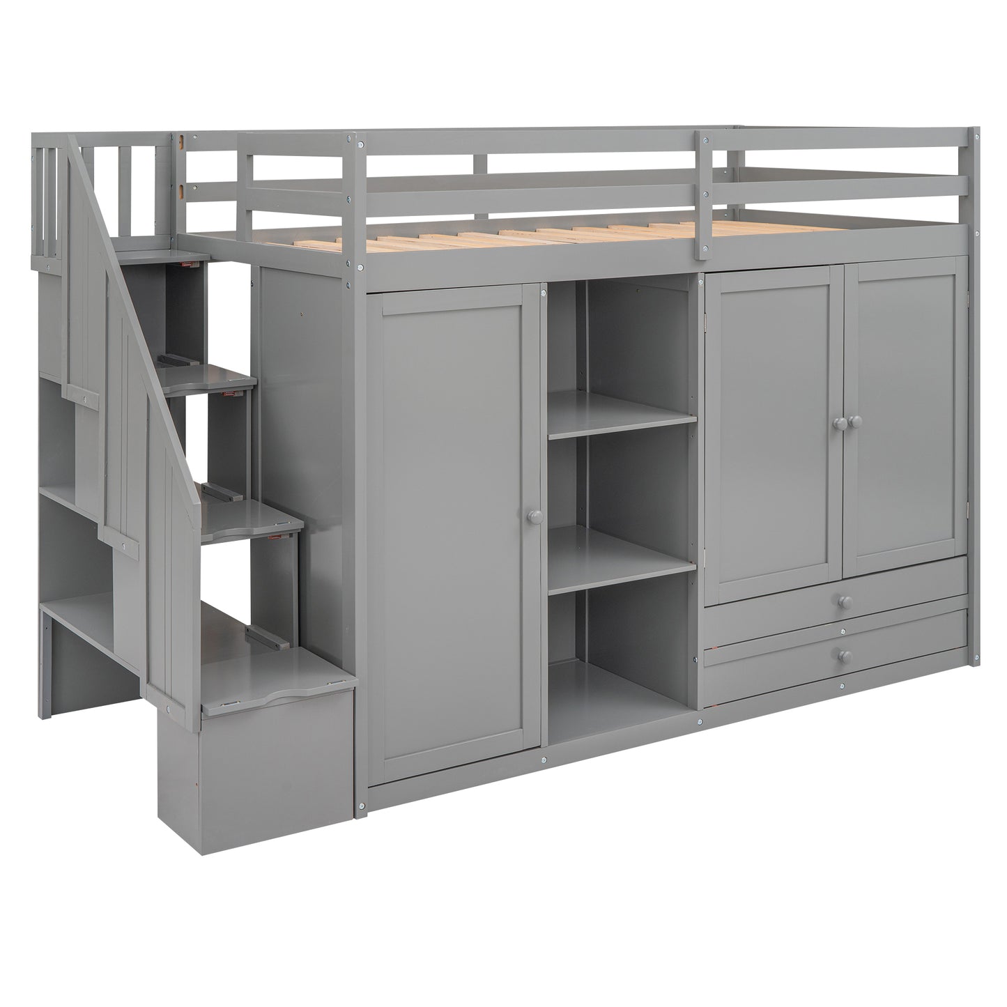 Functional Loft Bed with 3 Shelves, 2 Wardrobes and 2 Drawers,  Ladder with Storage, No Box Spring Needed, Gray