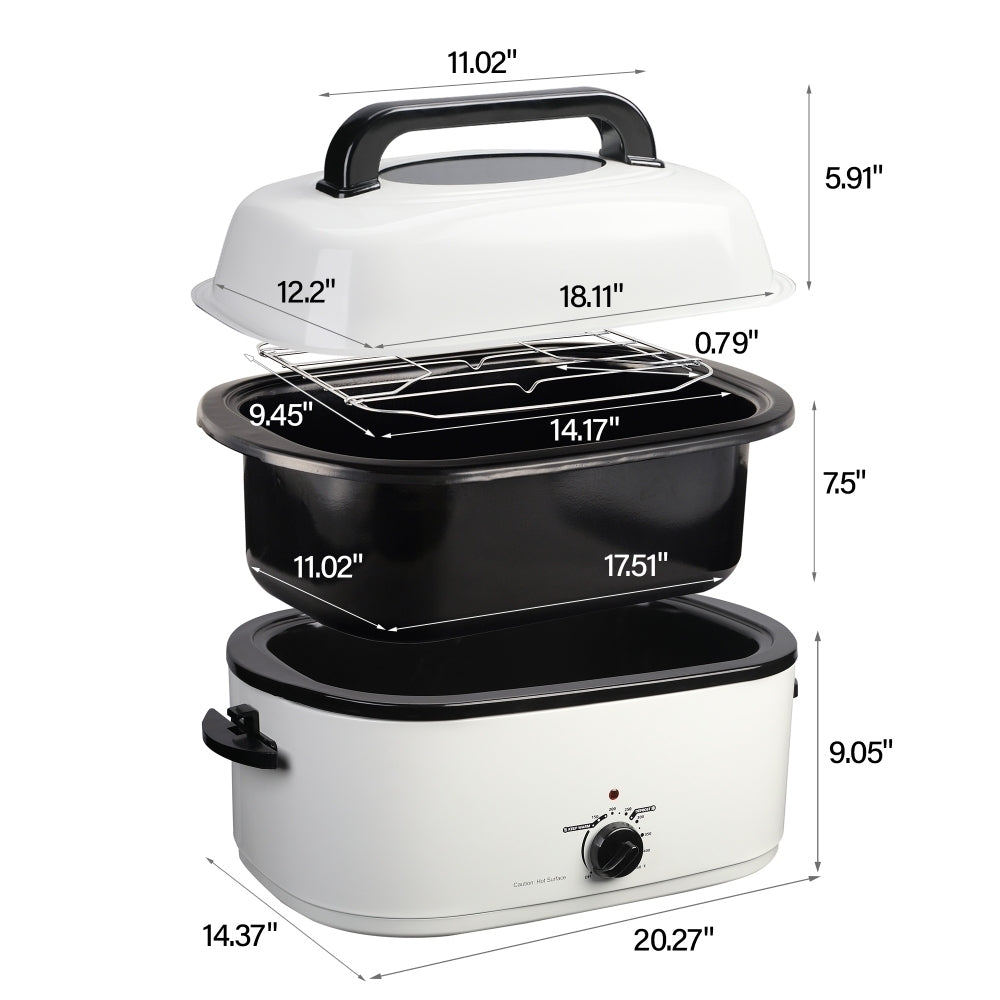 White Stainless Steel Electric Turkey Roaster with Temperature Control and See-through Lid