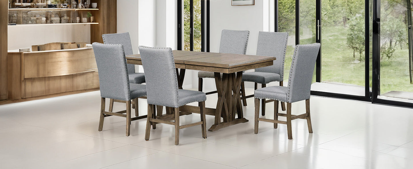 Mid-Century Solid Wood 7-Piece Dining Table Set Extendable Kitchen Table Set with Upholstered Chairs and 12" Leaf for 6, Golden Brown+Gray Cushion