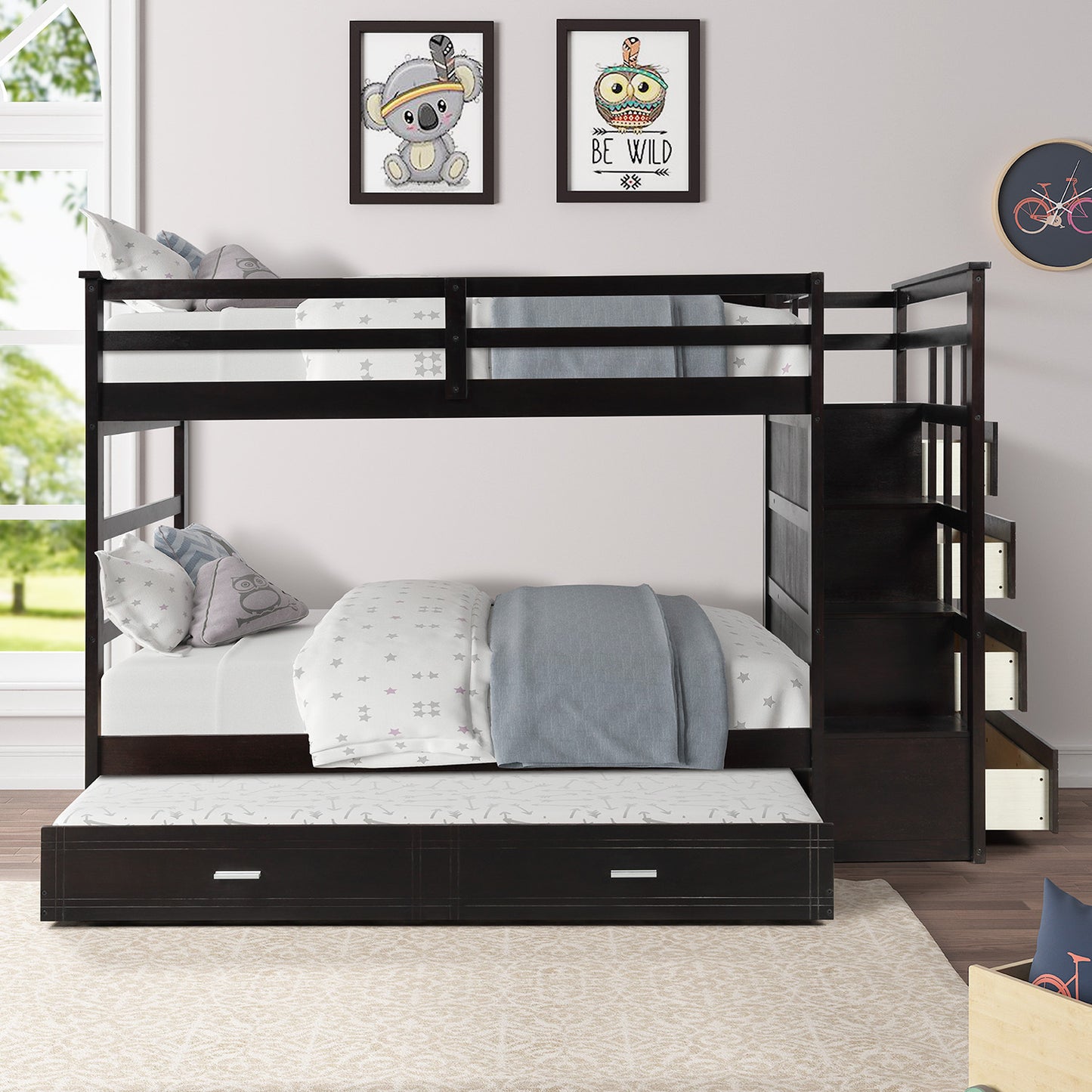 Stylish Espresso Wooden Twin Bunk Bed with Trundle and Staircase